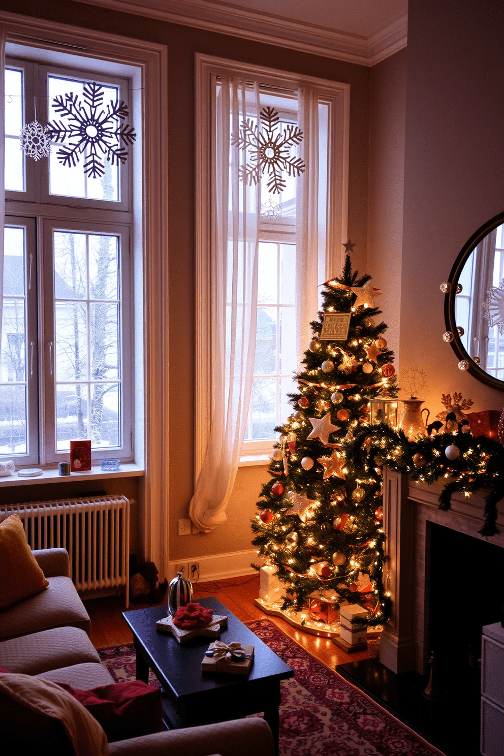 A cozy apartment adorned for Christmas, featuring windows decorated with intricate DIY paper snowflakes that flutter gently in the winter breeze. The living room is filled with warm, soft lighting, a beautifully adorned Christmas tree in the corner, and festive garlands draped over the mantelpiece, creating a cheerful holiday atmosphere.