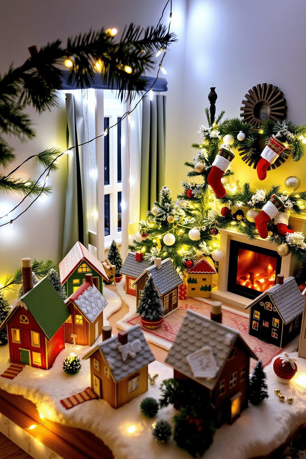 A charming tabletop village scene adorned with twinkling fairy lights creates a whimsical holiday atmosphere. Each miniature house, crafted from wood and painted in festive colors, is nestled among faux snow and pine branches, inviting warmth and cheer. A cozy apartment decorated for Christmas features a beautifully adorned tree in the corner, draped with shimmering garlands and colorful ornaments. Stockings hang from a modern fireplace, while twinkling string lights illuminate the space, enhancing the festive spirit.