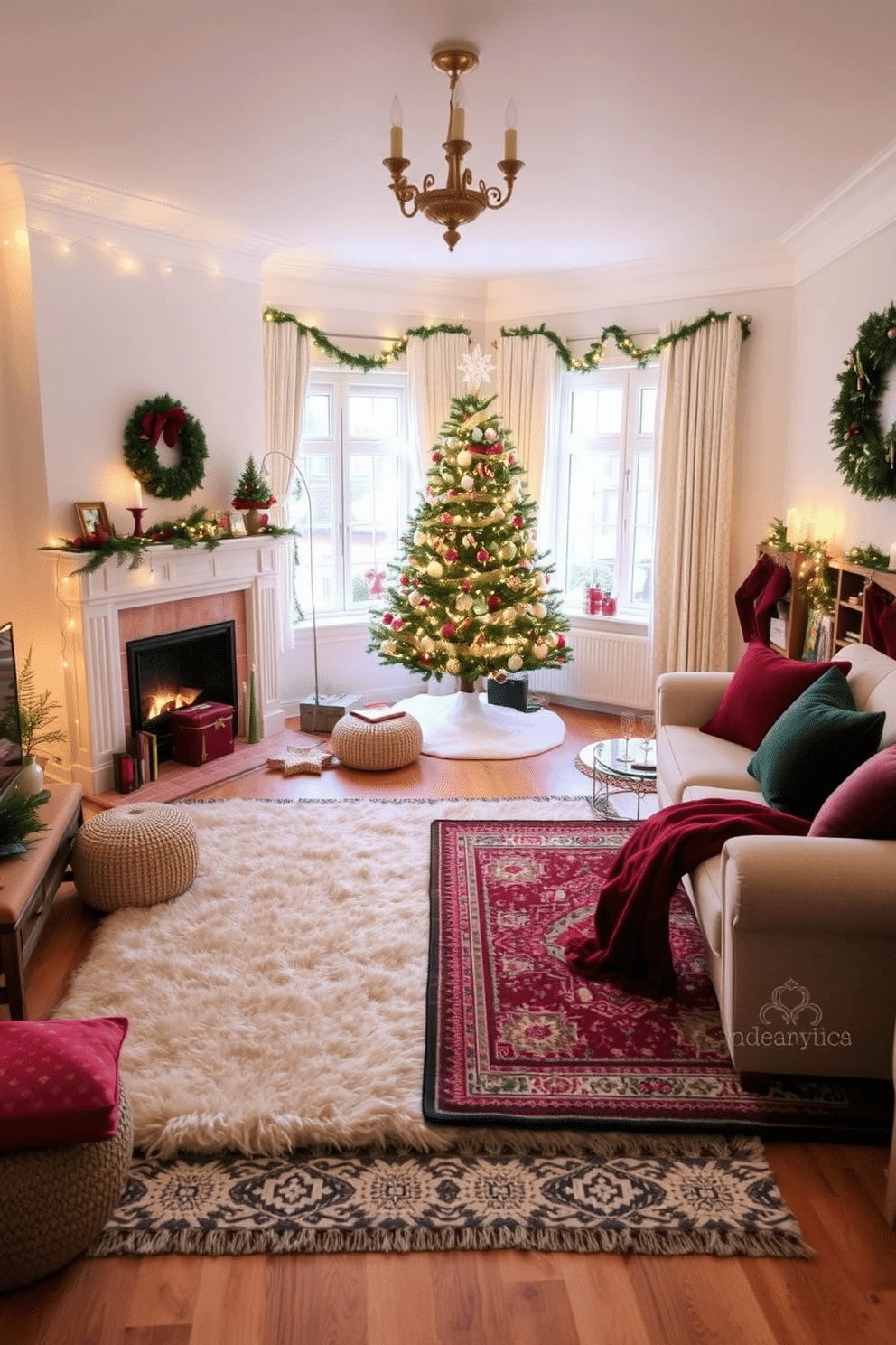 A cozy living room featuring layered rugs in various textures and patterns, creating a warm and inviting atmosphere. The base rug is a large, plush cream-colored piece, topped with a smaller, intricately woven tribal-patterned rug, adding depth and interest to the space. A festive apartment adorned with tasteful Christmas decorations, including a beautifully decorated tree in the corner, twinkling fairy lights, and elegant ornaments. The mantel is adorned with garlands and candles, while decorative pillows and throws in rich reds and greens enhance the holiday spirit throughout the room.