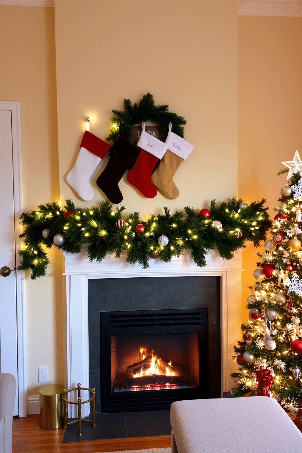 A cozy apartment living room adorned for Christmas. Stockings in various colors are hung on the mantelpiece above a crackling fireplace, while twinkling fairy lights drape elegantly across the mantel. The walls are painted in a warm cream tone, complemented by a lush green garland that weaves around the mantel. A beautifully decorated Christmas tree stands nearby, adorned with shimmering ornaments and a star on top, creating a festive atmosphere.
