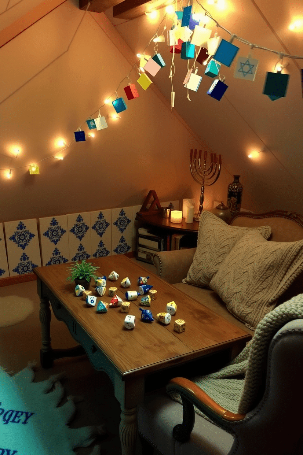 A cozy attic space adorned for Hanukkah, featuring a whimsical arrangement of dreidels and gelt scattered across a rustic wooden table. Soft fairy lights twinkle overhead, casting a warm glow on the walls decorated with traditional blue and white motifs. Colorful garlands made of paper dreidels hang from the slanted ceiling, adding a festive touch to the room. Plush cushions and a knitted throw are arranged on a vintage armchair, inviting guests to relax and enjoy the holiday spirit.
