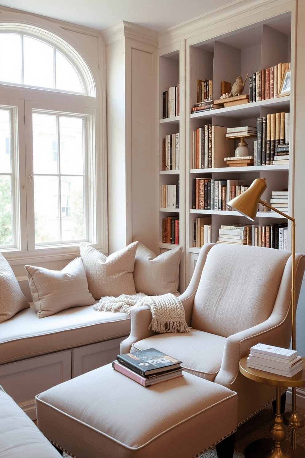 A cozy window seat surrounded by built-in bookshelves, each shelf filled with books and decor in warm, neutral tones. Soft cushions and a knit throw blanket adorn the seat, creating an inviting spot to relax while natural light streams through the window. A peaceful bedroom reading nook designed for relaxation, featuring a plush armchair with a matching ottoman in soft, textured fabric. A slim floor lamp with a brass finish and a small side table holding a stack of books complete the cozy atmosphere.