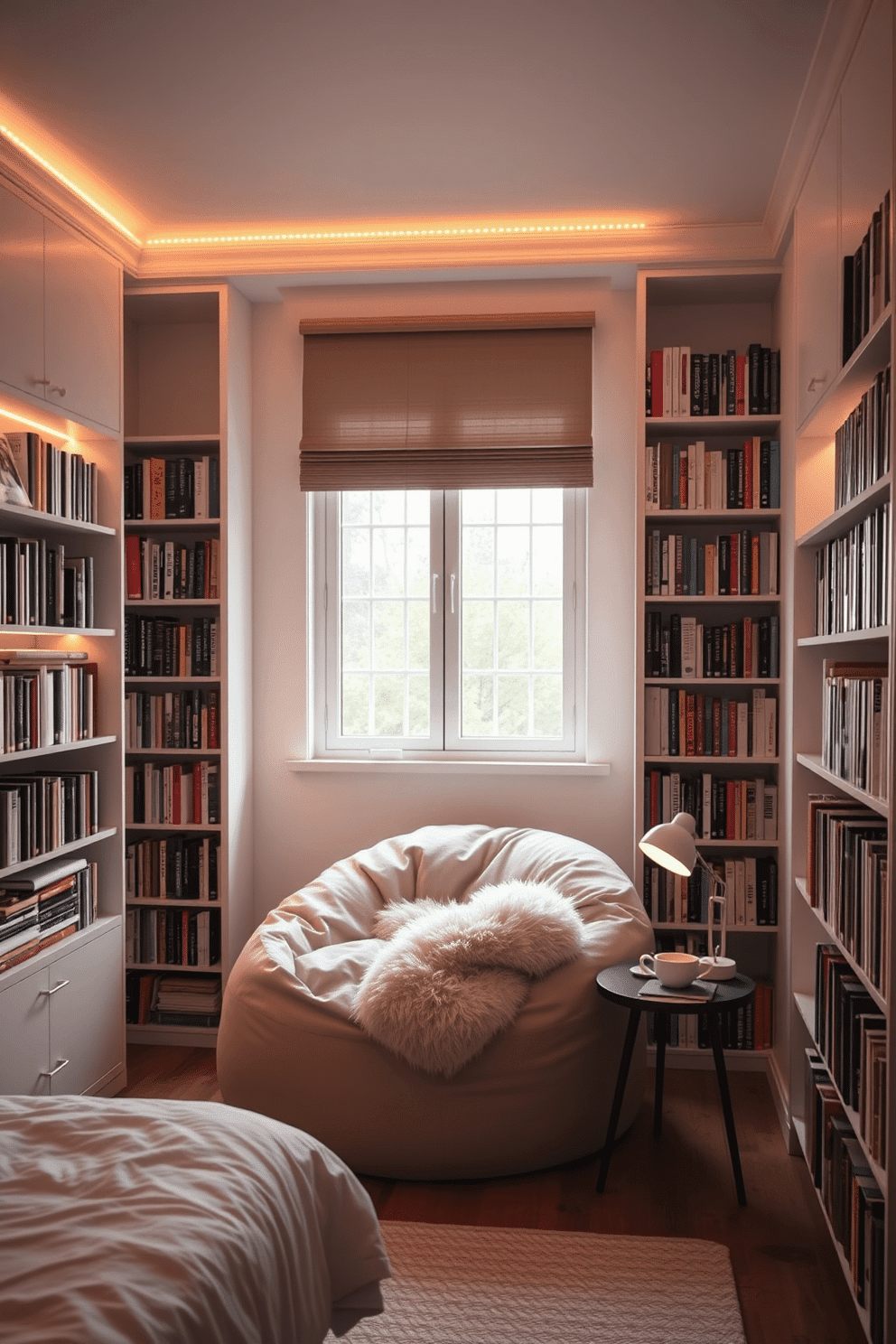 A cozy bedroom nook dedicated to reading and relaxation. A soft beanbag chair in a neutral tone is placed under a window, surrounded by floor-to-ceiling bookshelves filled with colorful spines. Above the nook, subtle neon LED lights in warm tones create a calming ambiance. A fluffy throw blanket drapes over the beanbag, while a small side table nearby holds a cup of tea and a reading lamp for focused illumination.