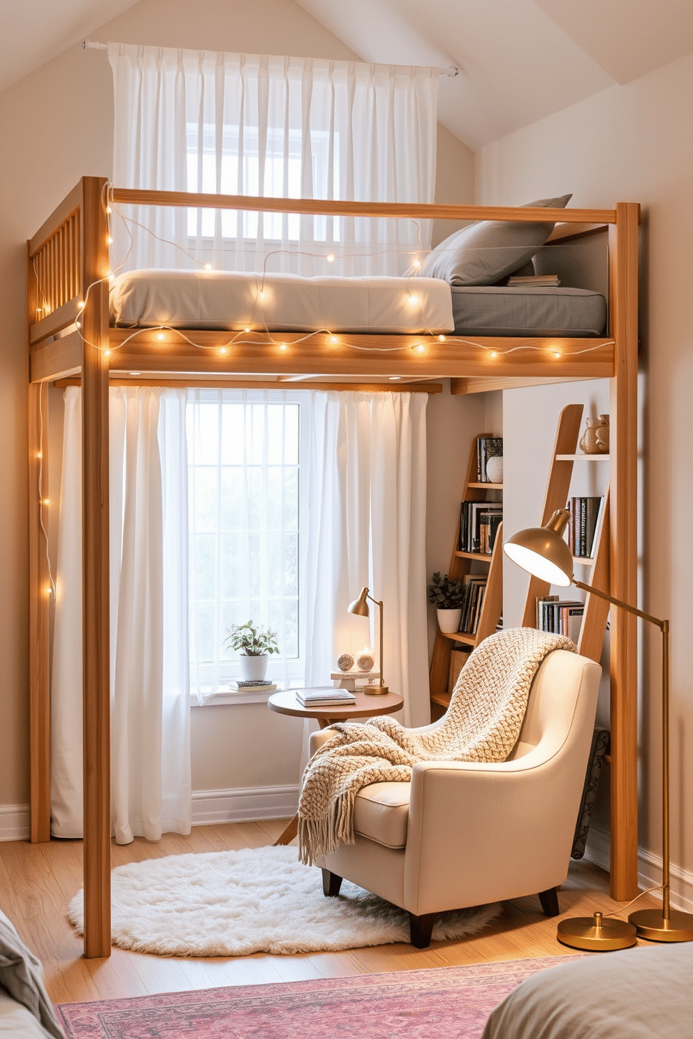 A cozy loft bed setup with a dedicated reading space below. The loft frame is crafted from natural wood, and beneath it, there’s a cushioned reading nook with soft gray upholstery and warm string lights draped along the interior frame. Bookshelves line one wall of the nook, filled with colorful books, while a small round side table holds a cup of tea and a reading lamp. The surrounding walls are painted in a soft beige tone, and a fluffy rug adds comfort to the floor beneath the nook. A tranquil bedroom reading nook designed for relaxation. A curved armchair in cream linen sits by a large bay window, framed with sheer white curtains that let light stream through. A wooden ladder bookshelf stands nearby, organized with neatly arranged books and decorative plants in ceramic pots. A chunky knit throw blanket is draped over the chair, and a floor lamp with a brass finish provides warm ambient light for evening reads.