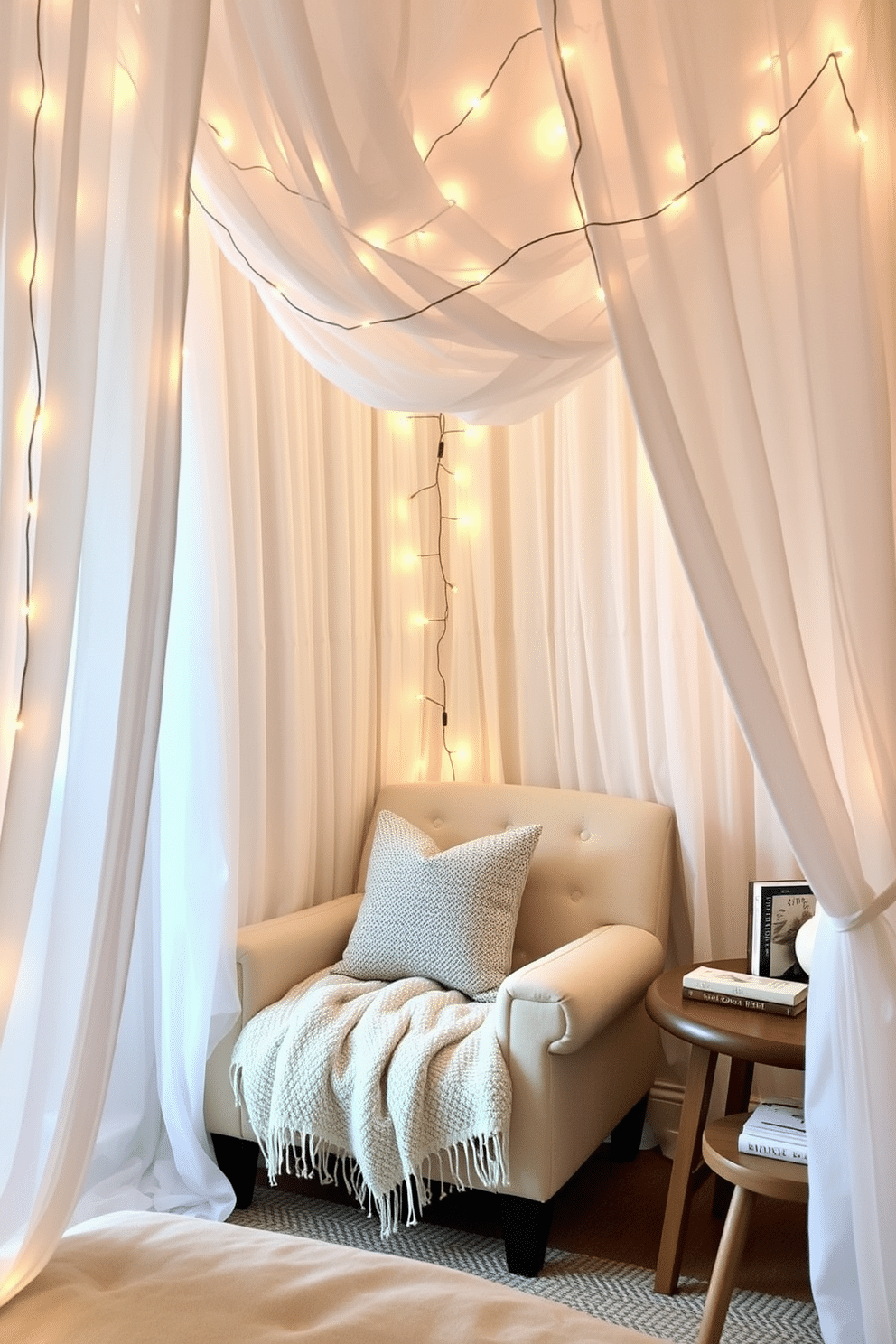 A cozy canopy nook draped with soft, sheer white fabric creates an intimate and relaxing corner. String lights intertwined with the canopy fabric emit a warm, twinkling glow, adding a whimsical touch to the space. A plush armchair with a textured throw blanket and an accent pillow anchors the bedroom reading nook. Nearby, a small wooden side table holds a stack of books and a ceramic lamp with a soft, ambient glow, creating the perfect setup for unwinding with a good read.