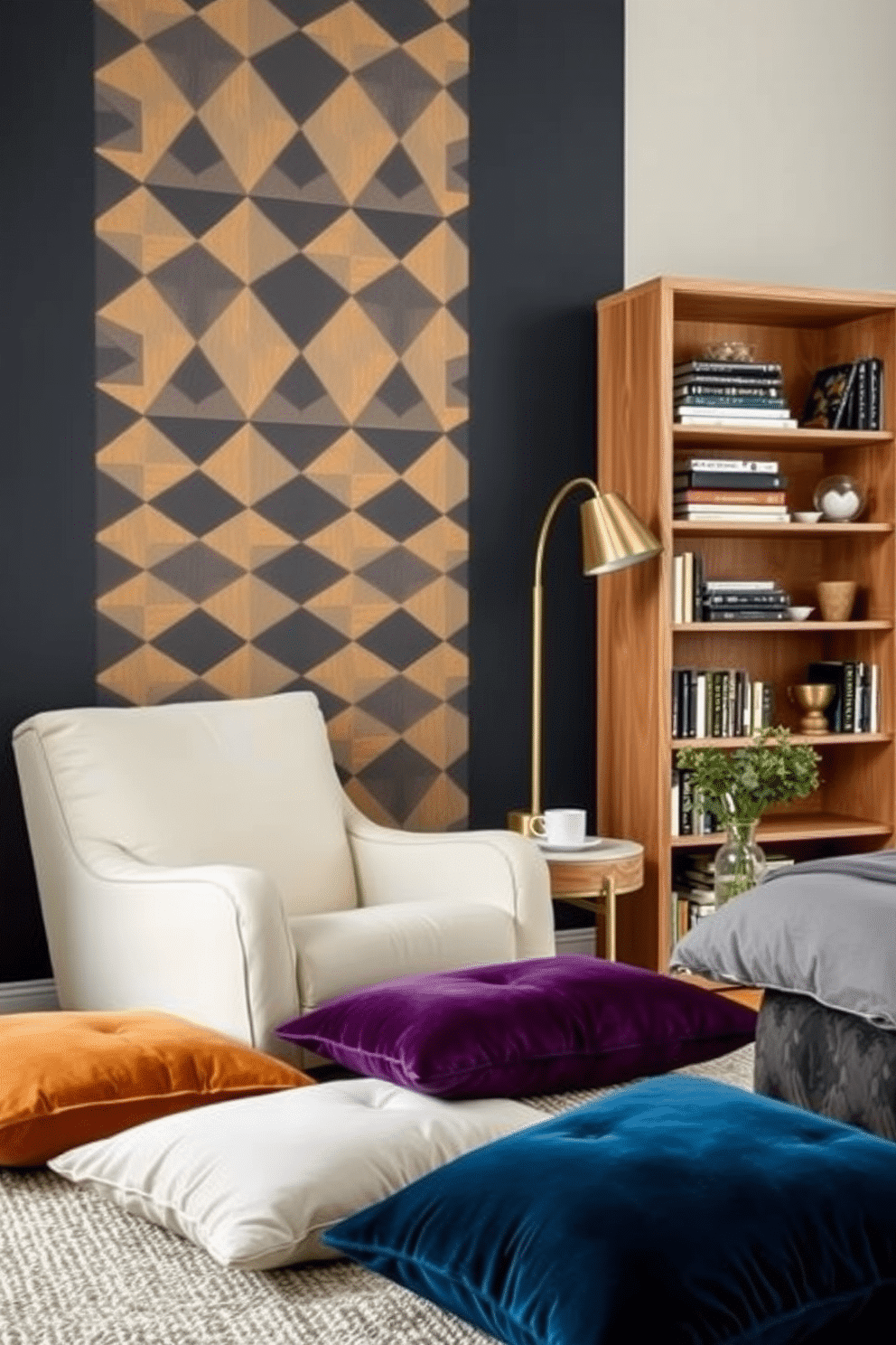 An accent wall features a bold geometric wallpaper in shades of charcoal and gold, creating a striking focal point in the room. Below it, oversized floor cushions in rich velvet textures and jewel tones are scattered, paired with a textured area rug for a cozy and stylish lounge space. A serene bedroom reading nook is designed with a plush armchair upholstered in soft cream fabric, placed beside a tall wooden bookshelf filled with neatly arranged books and decor. A brass floor lamp with an arched arm casts warm light overhead, while a small side table holds a steaming mug and a vase with greenery.