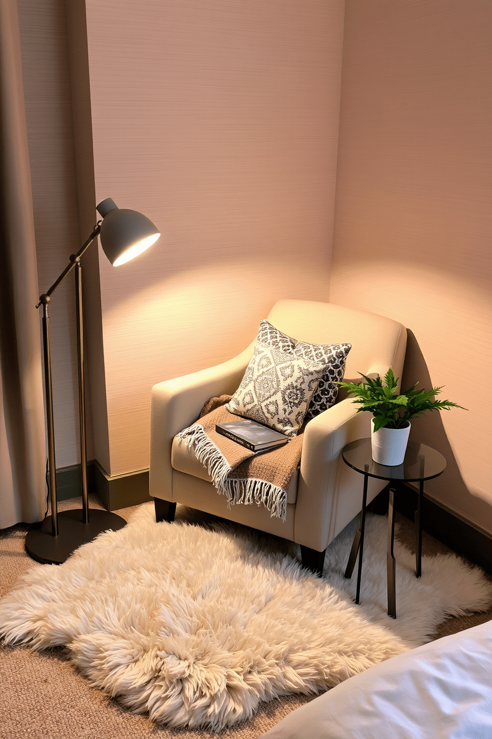 A cozy and inviting bedroom reading nook with an upholstered armchair in a soft, neutral fabric, complemented by a plush faux fur rug underneath. The corner is illuminated by a sleek floor lamp with a warm glow, while a small glass side table holds a stack of books and a steaming cup of tea. The walls behind the nook feature subtle, textured wallpaper, adding a sophisticated backdrop to the space. A decorative throw blanket and a mix of patterned cushions enhance the comfort of the chair, while nearby greenery in a ceramic pot adds a fresh and calming touch.