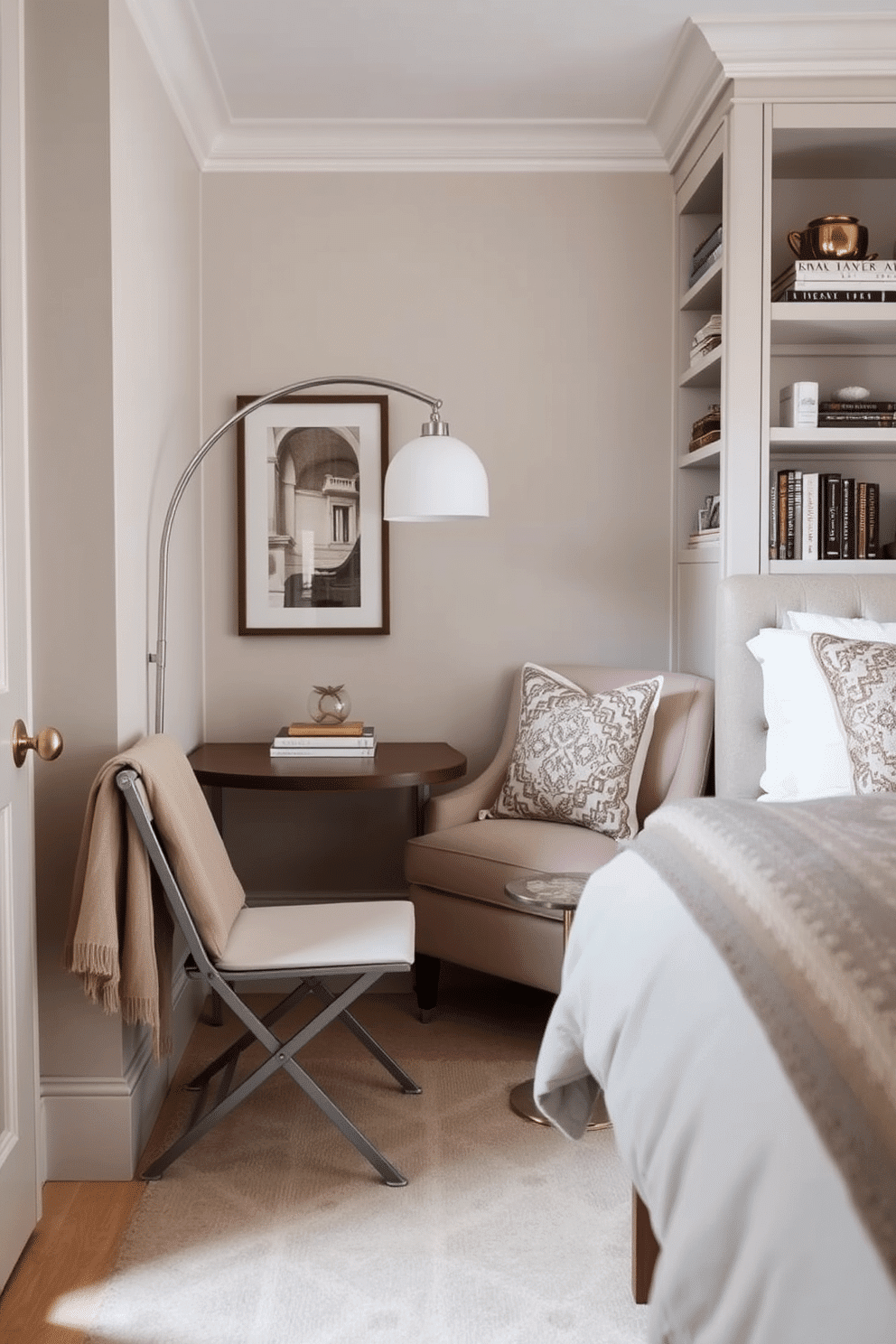 An intimate alcove retreat featuring a small folding desk, perfect for compact spaces. The desk is paired with a sleek, minimalist chair and surrounded by soft neutral tones, creating a cozy yet functional workspace tucked away for private moments. A serene bedroom reading nook with a plush armchair accented by a cashmere throw and decorative pillows. A functional yet stylish floor lamp arcs gracefully overhead, while built-in shelving displays books and small treasures, adding personality and charm to the corner.