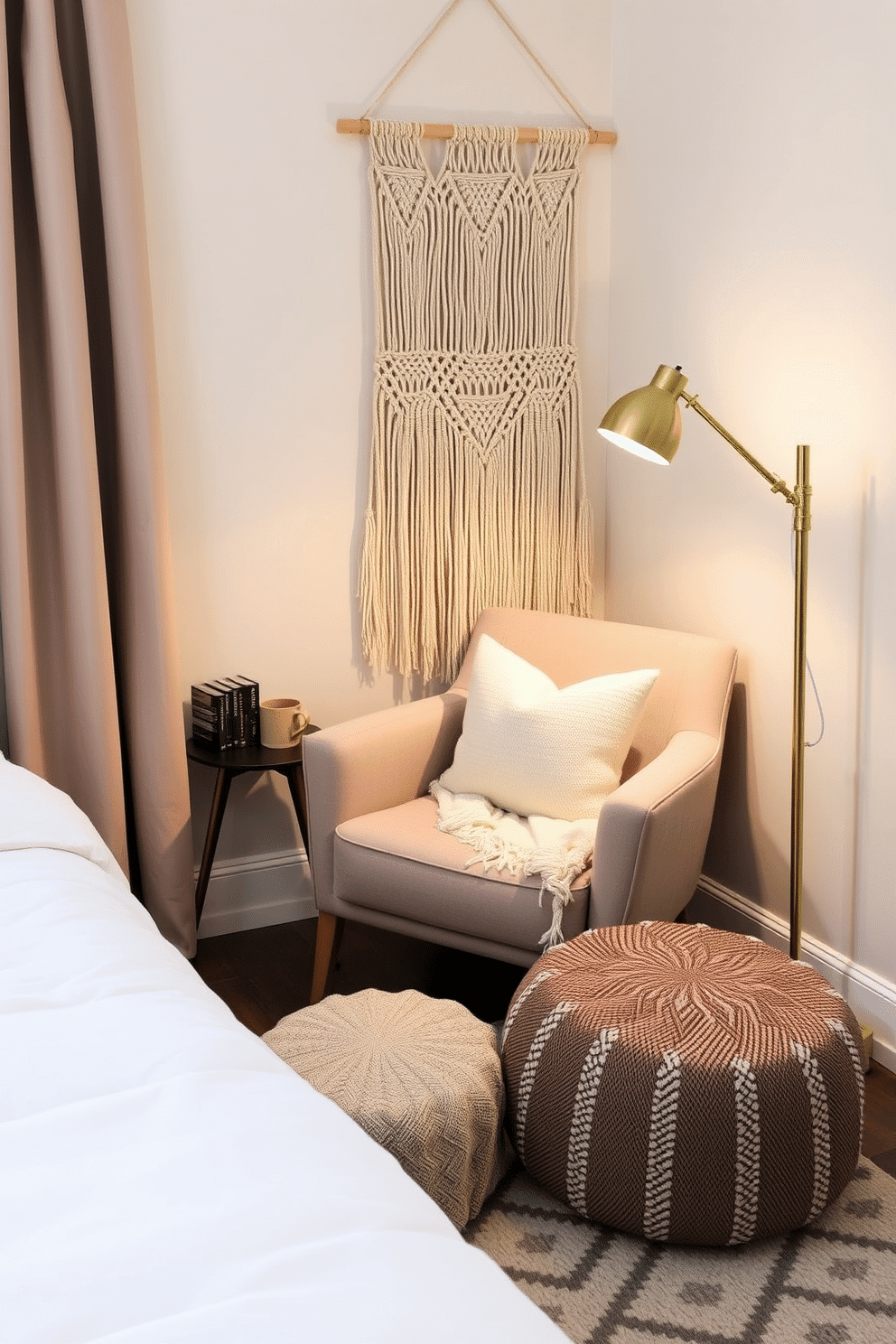 A cozy reading nook in a bedroom, designed for ultimate relaxation and inspiration. The space features a plush armchair with a soft woolen throw, a macramé wall hanging behind it, and a side table adorned with a ceramic mug and a stack of books. The corner is illuminated by a sleek brass floor lamp, placed to create warm, ambient lighting. Nearby, a boho pouf with an earthy texture rests on a geometric patterned rug, adding comfort and charm to the serene atmosphere.