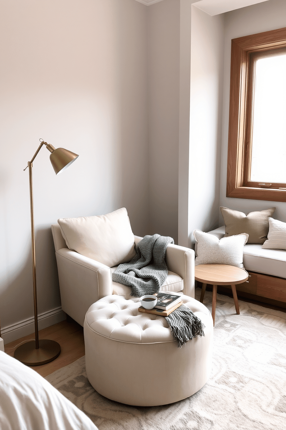 A cozy corner featuring a plush armchair in soft, cream-colored upholstery paired with a tufted ottoman in a matching tone. The armchair is adorned with a textured throw blanket draped casually over the side, while a small round wooden side table holds a warm cup of tea and a stack of books. A serene bedroom reading nook positioned near a large window that lets in soft natural light. The corner is decorated with a floor lamp with a brass finish, a soft area rug underfoot, and accent pillows in muted hues to evoke comfort and relaxation.