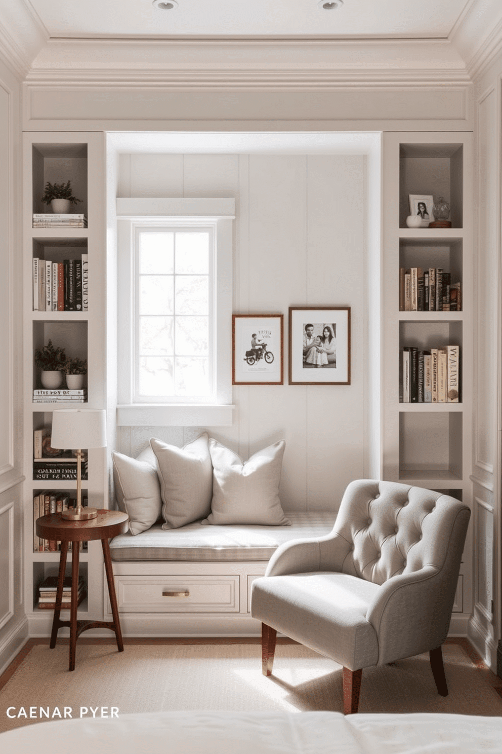 A cozy built-in window cubby surrounded by white-paneled cabinetry, featuring a plush cushion seat adorned with neutral-toned throw pillows. On either side of the cubby, tall storage shelves display neatly arranged books, small potted plants, and decorative accents, all illuminated softly by natural light. A serene bedroom reading nook with a comfy tufted armchair in soft gray fabric, paired with a small walnut side table holding a minimalist table lamp. Behind the chair, a wall-mounted bookshelf stretches vertically, housing a curated collection of novels and framed art, creating a perfect retreat for quiet relaxation.