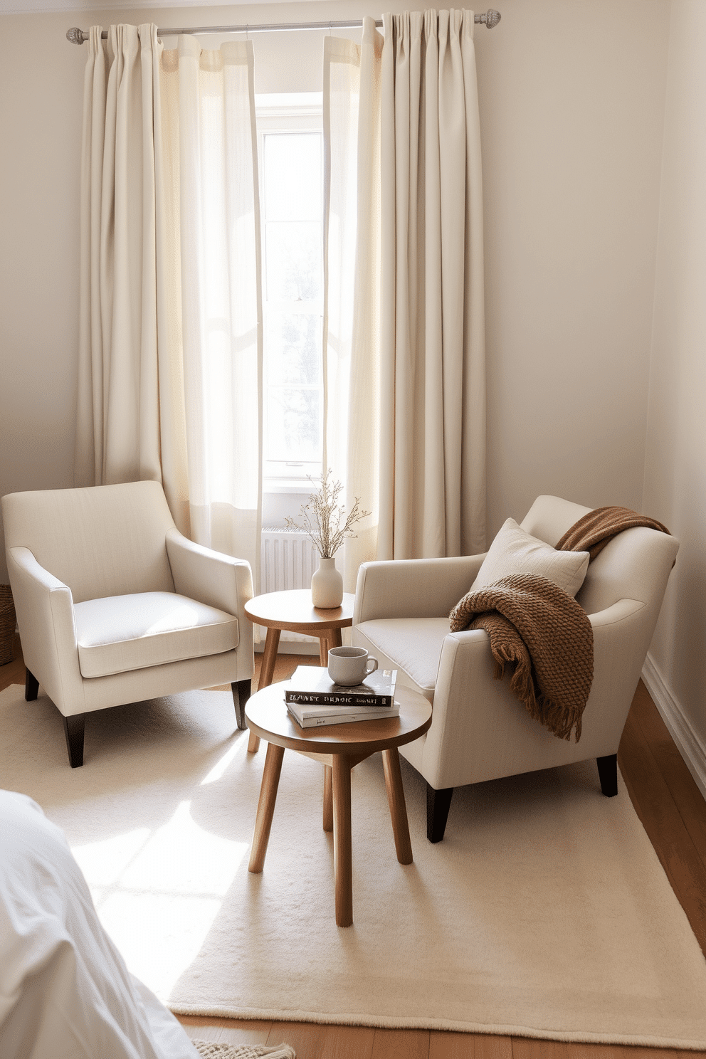 A cozy bedroom reading nook bathed in serene neutral tones. Linen-upholstered armchairs sit on a soft, cream-hued rug, accompanied by a small round wooden side table. Floor-to-ceiling curtains in ivory frame a nearby window, letting in soft, natural light. A stack of books and a ceramic mug rest on the table, while a textured throw blanket is casually draped over one armchair.
