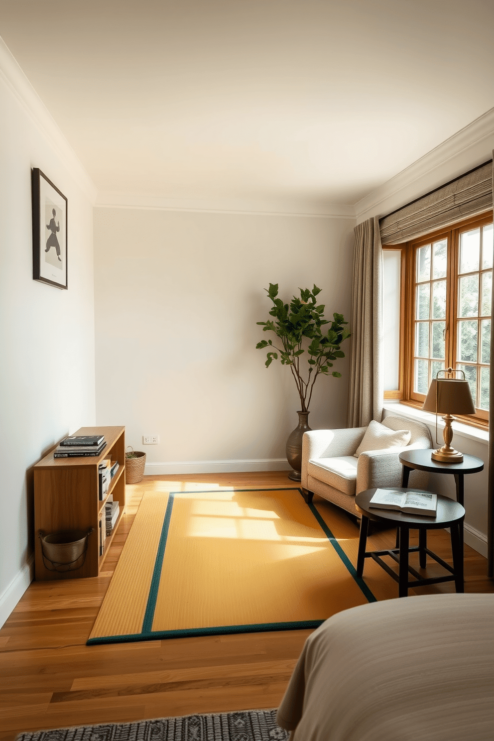 A serene karate corner designed for practice and mindfulness. The space features a bright tatami mat centered against soft cream walls, with a low-profile wooden bookshelf to the side, displaying neatly stacked martial arts books and small potted plants. A cozy bedroom reading nook with timeless charm. A plush armchair with a textured neutral fabric sits by a large bay window, accompanied by a wooden side table holding a brass lamp and a small stack of favorite novels for a peaceful retreat.