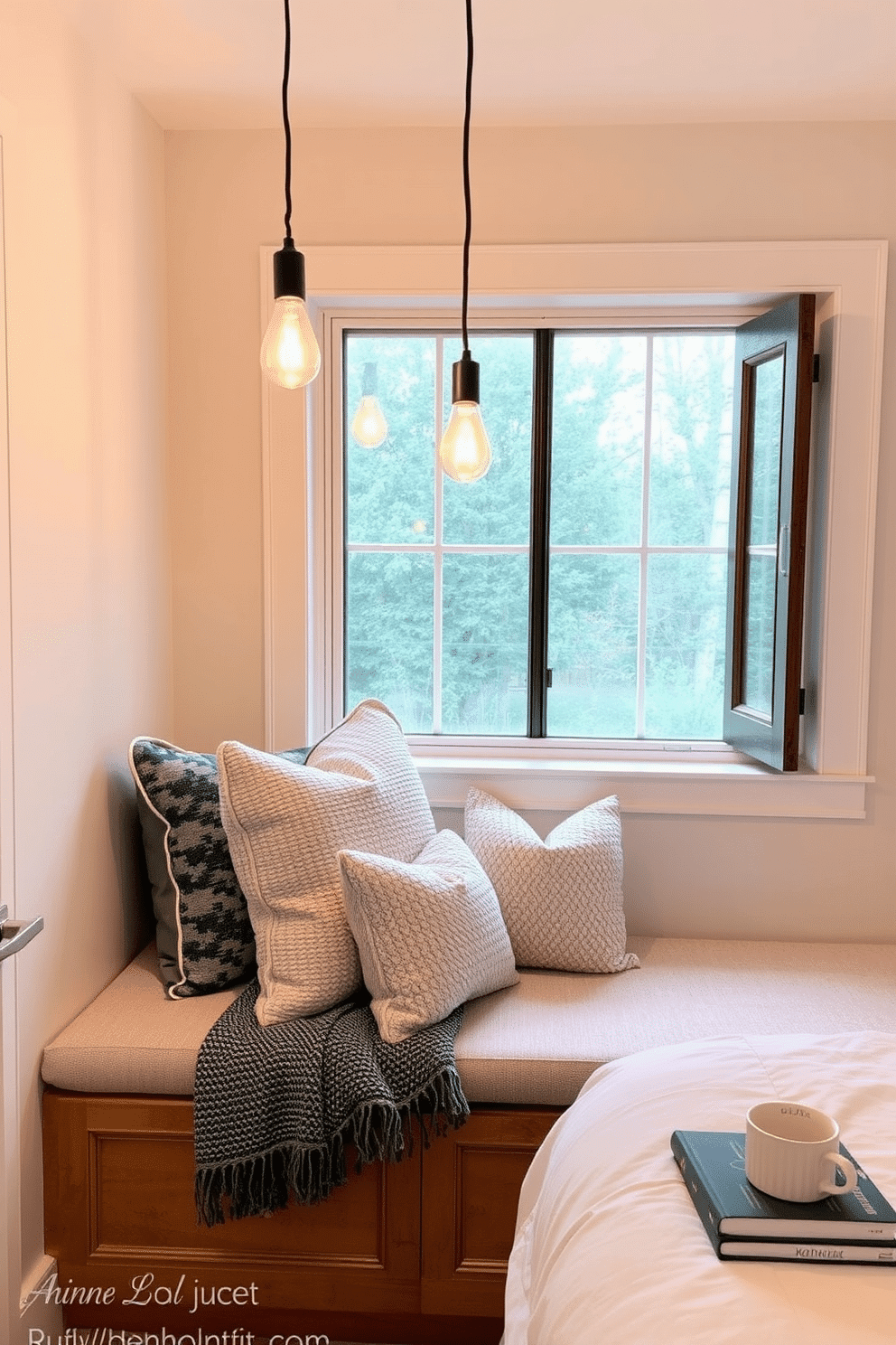 A cozy bedroom reading nook. Positioned by the window, a built-in bench with a plush cushion and an array of textured throw pillows creates the ideal seating space. Above, two pendant lights with soft golden-tinted bulbs hang from a black cord, casting a warm glow over the area. To the side, a small wooden side table holds a stack of books and a ceramic mug, perfect for quiet and relaxing moments.