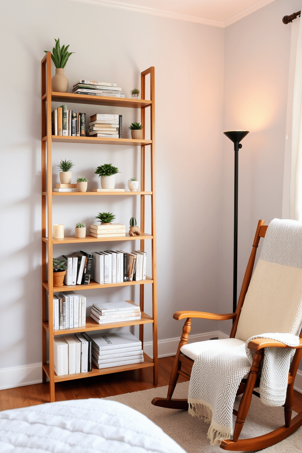 A cozy reading nook in a serene bedroom setting. Tiered wooden shelving stands against the wall, neatly arranged with books, small potted plants, and decorative accents, creating a harmonious blend of function and charm. To the right of the shelving, a classic wooden rocking chair with a soft cream-colored cushion invites relaxation. A textured throw blanket drapes over the chair's arm, while a nearby floor lamp with a warm glow adds an intimate ambiance to the corner.