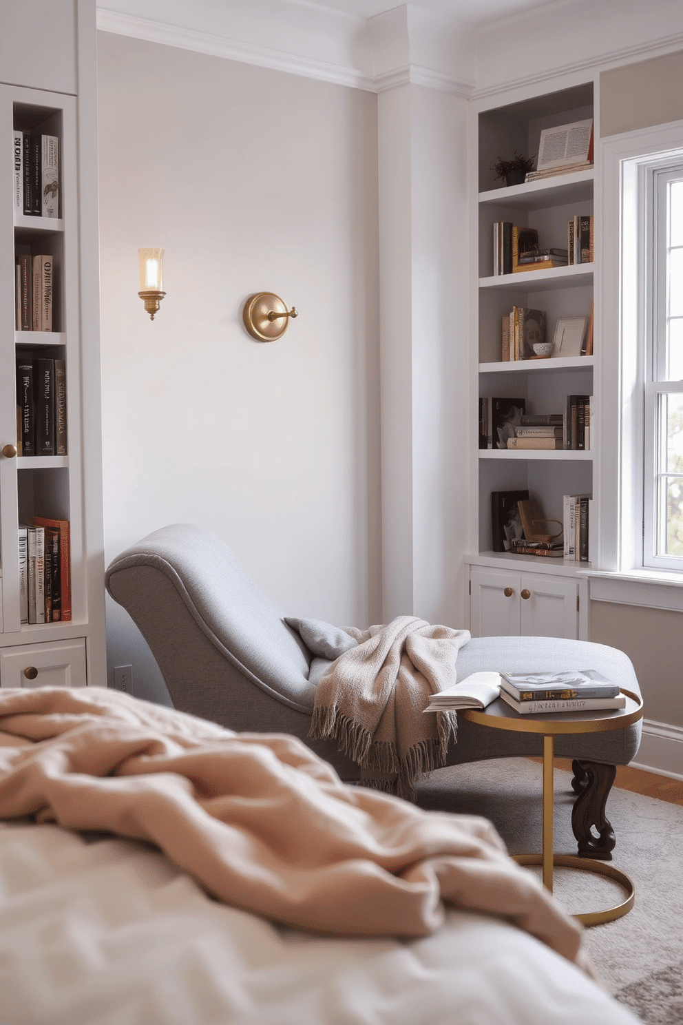 A cozy bedroom reading nook featuring a plush reclining chaise lounge upholstered in a soft gray fabric, positioned near a large window that allows natural light to pour in during the day. Mounted on the wall beside the chaise, a vintage-style dim sconce with a warm gold finish provides a soft, ambient glow for evening reading sessions. The nook is framed with built-in white shelves filled with neatly arranged books and decorative accents, adding a touch of charm and personality. A luxurious cashmere throw is draped over the lounge, while a small side table with a brass base holds a steaming cup of tea and a stack of favorite reads.
