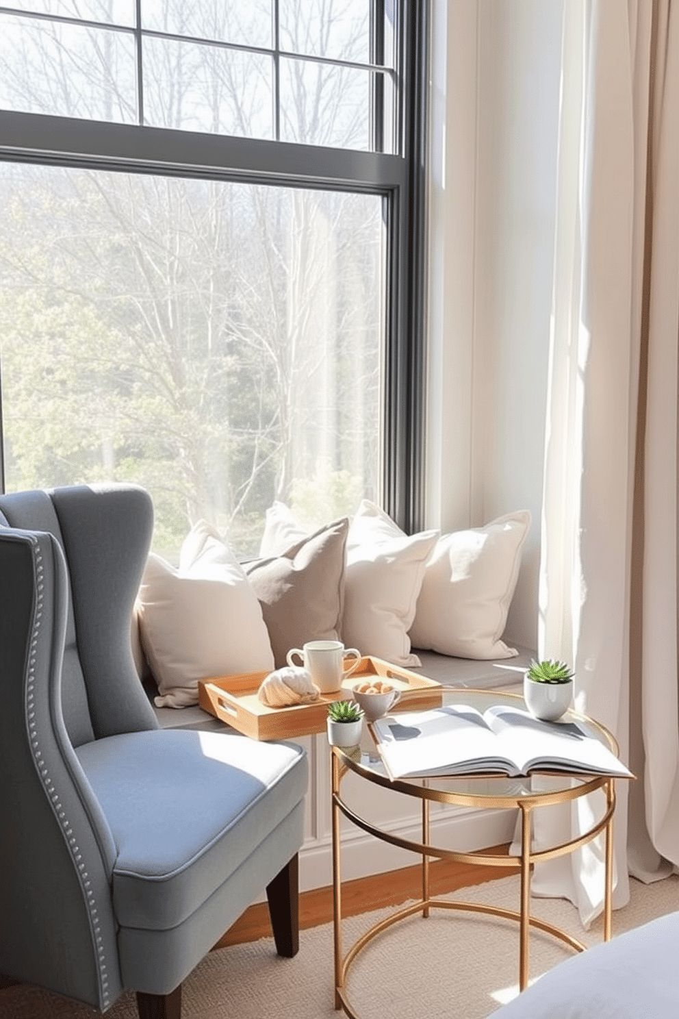 A cozy window bench nestled beneath a large picture window, adorned with plush cushions in varying tones of soft gray and cream. A wooden breakfast tray sits atop, holding a steaming coffee mug, a small bowl of berries, and a neatly folded linen napkin, creating a peaceful morning retreat bathed in natural light. A serene bedroom reading nook featuring a tufted armchair in a dusty blue fabric paired with a gold-framed side table. On the table rests an open book, a petite ceramic lamp with a warm glow, and a small potted succulent, complementing the soft neutral drapes cascading to the floor next to the nook.