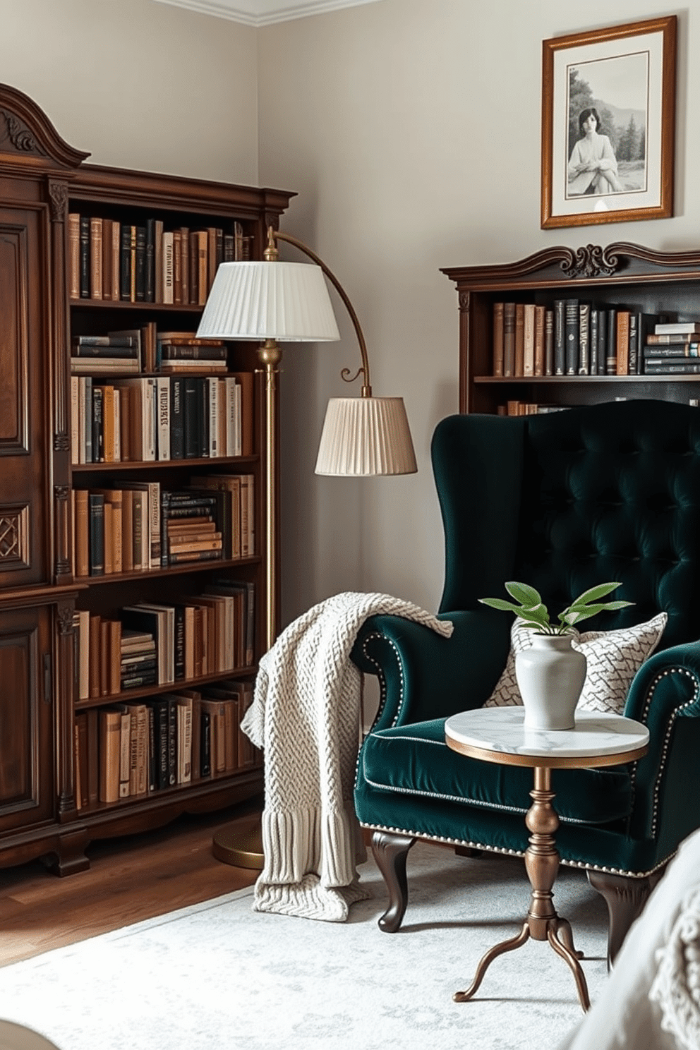 A cozy and elegant bedroom reading nook. An antique wooden bookshelf with intricate carvings rests along one wall, filled with a collection of classic novels and decorative bookends. Beside it, a tufted wingback chair upholstered in deep emerald velvet invites you to relax, paired with a small round marble-topped side table. Soft ambient lighting comes from a brass floor lamp with a pleated shade, while a cozy knit throw is draped over the chair's armrest. The nook is framed by soft neutral walls and a lightly patterned area rug underfoot. A framed vintage print hangs above the bookshelf, while a ceramic potted plant on the side table adds a touch of greenery and warmth to the space.