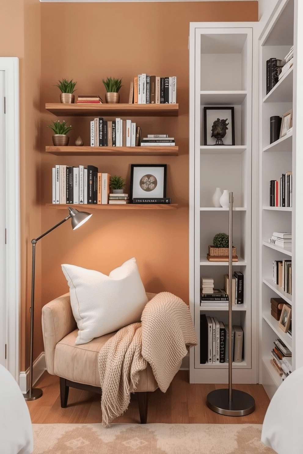 A cozy floating shelf library setup. Minimalist wooden floating shelves are filled with books, small plants, and art decor, mounted on a warm neutral-toned wall, while below, a seating nook lined with oversized cream and beige pillows offers a comfortable spot for reading. In a modern bedroom reading nook, there is a plush armchair with a textured throw blanket draped over the back, placed next to a sleek floor lamp for ambient lighting. The nook is complemented with built-in white shelving displaying books and curated trinkets, and a muted area rug defines the serene space.
