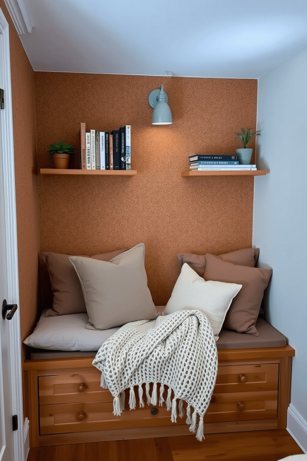 A cozy bedroom reading nook is tucked into a tiny alcove, where walls are lined with natural corkboard for a warm, textured backdrop. A built-in wooden bench with plush cushions and throw pillows creates a serene seating area, perfect for relaxation. Floating shelves above the bench hold a curated selection of books and small potted plants, adding personality and greenery. A soft, muted wall sconce casts a glow over the space, while a knit blanket draped casually over the seating adds a touch of comfort.