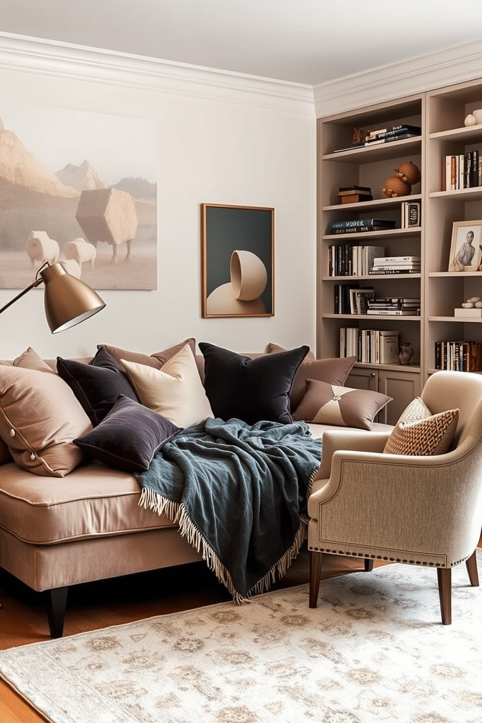 A cozy and inviting daybed adorned with plush cushions in varying textures and muted jewel tones. Soft, layered throws are casually draped over the daybed, creating a warm and luxurious setting, perfect for lounging. A dreamy bedroom reading nook featuring a comfortable armchair in a neutral fabric paired with a sleek floor lamp. Surrounding bookshelves filled with neatly arranged books and decorative accents add personality, while a soft area rug anchors the intimate space.