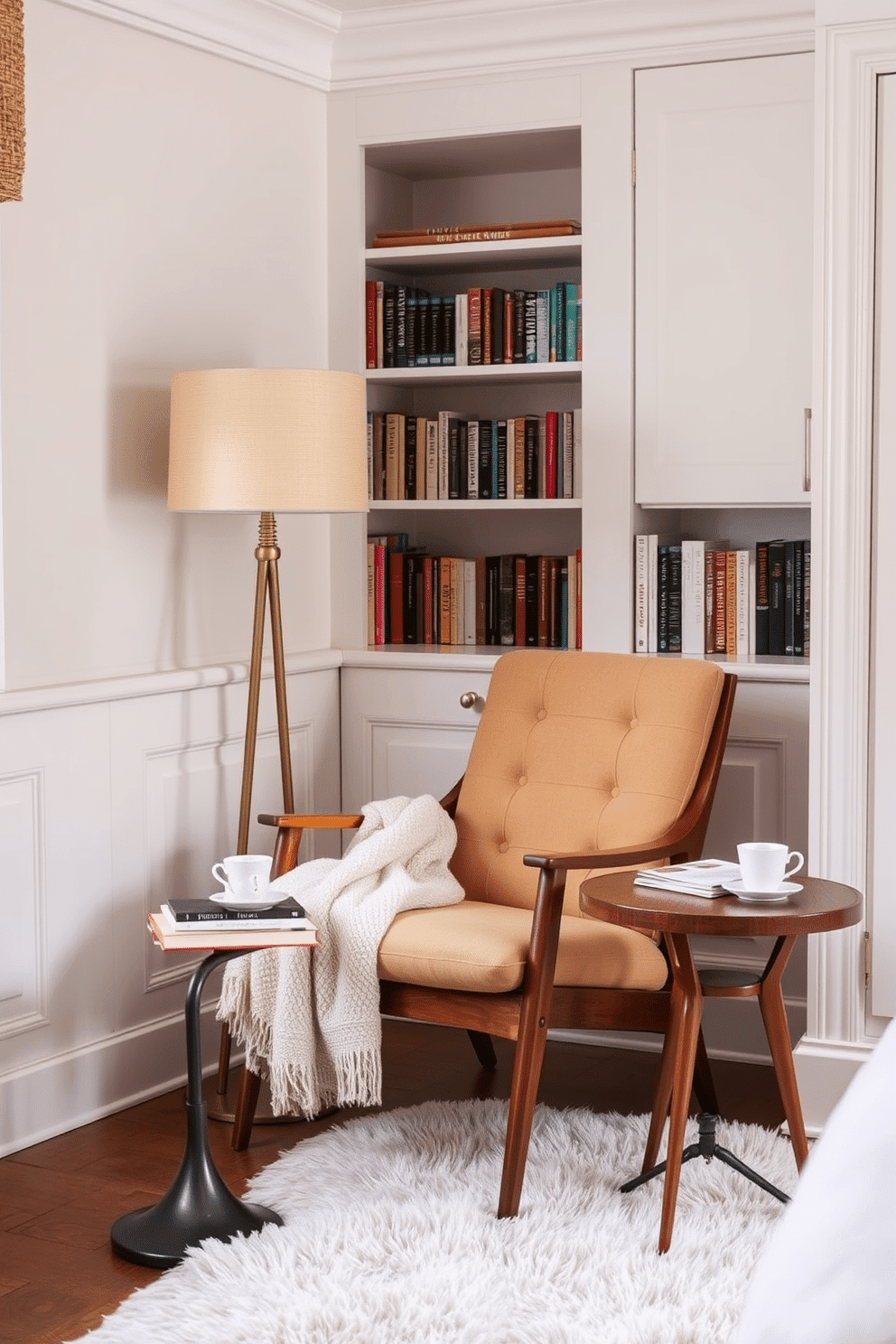 A cozy bedroom reading nook featuring a sleek mid-century chair with tapered wooden legs and a tufted fabric seat in a warm neutral hue. Beside it stands a vintage lamp with a brass stand and a textured cream lampshade, casting a soft glow over the space. The nook is anchored by a plush area rug and a small circular table with a wooden finish, perfect for holding books and a teacup. In the background, a built-in bookshelf filled with colorful spines adds charm, while a soft throw blanket drapes over the chair for an inviting touch.