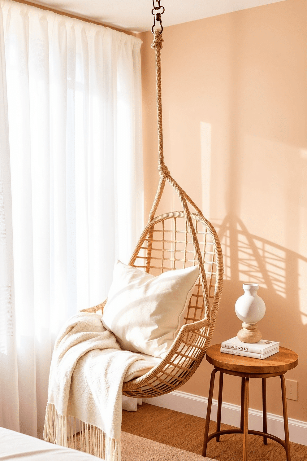 A cozy bedroom reading nook is styled with a hanging rattan chair, suspended from the ceiling with a sturdy braided rope. The chair is adorned with plush ivory cushions and a soft throw blanket draped over the side for added comfort. Beside the chair, a small round wooden side table showcases a minimalist ceramic table lamp and a stack of books. The wall behind the nook is painted in a warm neutral tone, complemented by soft natural light filtering through sheer white curtains.