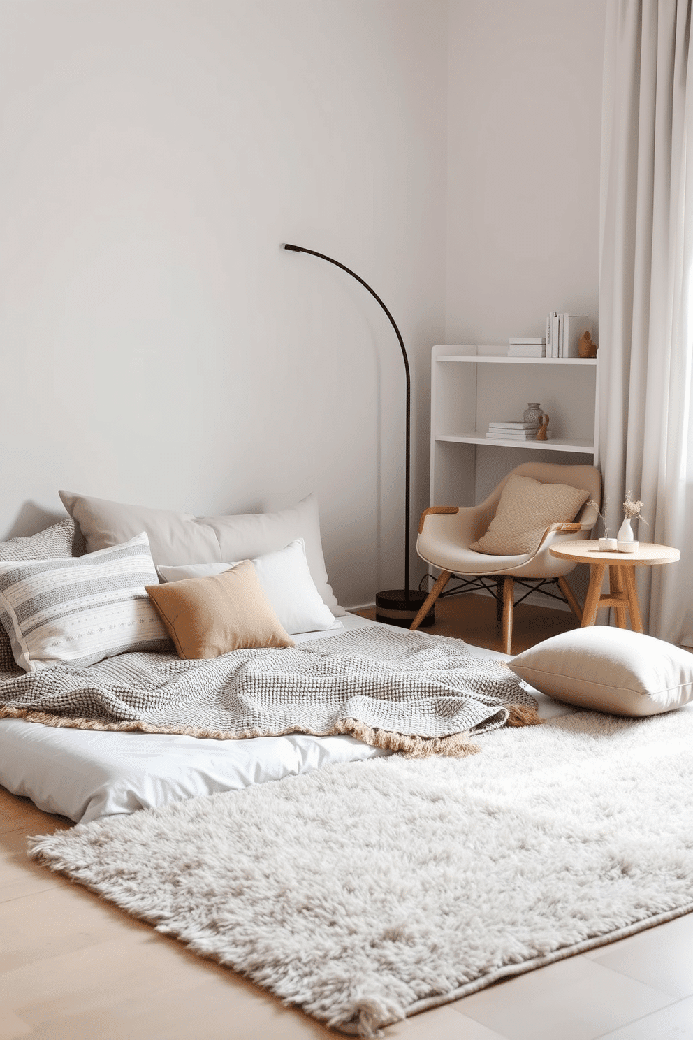 A serene bedroom setup featuring a low floor mattress layered with soft linen and textured throws in neutral tones. Around it, decorative pillows in various fabrics are arranged, complemented by a plush rug underneath to add warmth and cohesion. A cozy reading nook in the corner of the bedroom with a mid-century modern armchair and a slim wooden side table. Above the chair, a curved floor lamp casts a soothing glow, while a minimal bookshelf displays neatly arranged books and subtle decorative accents.