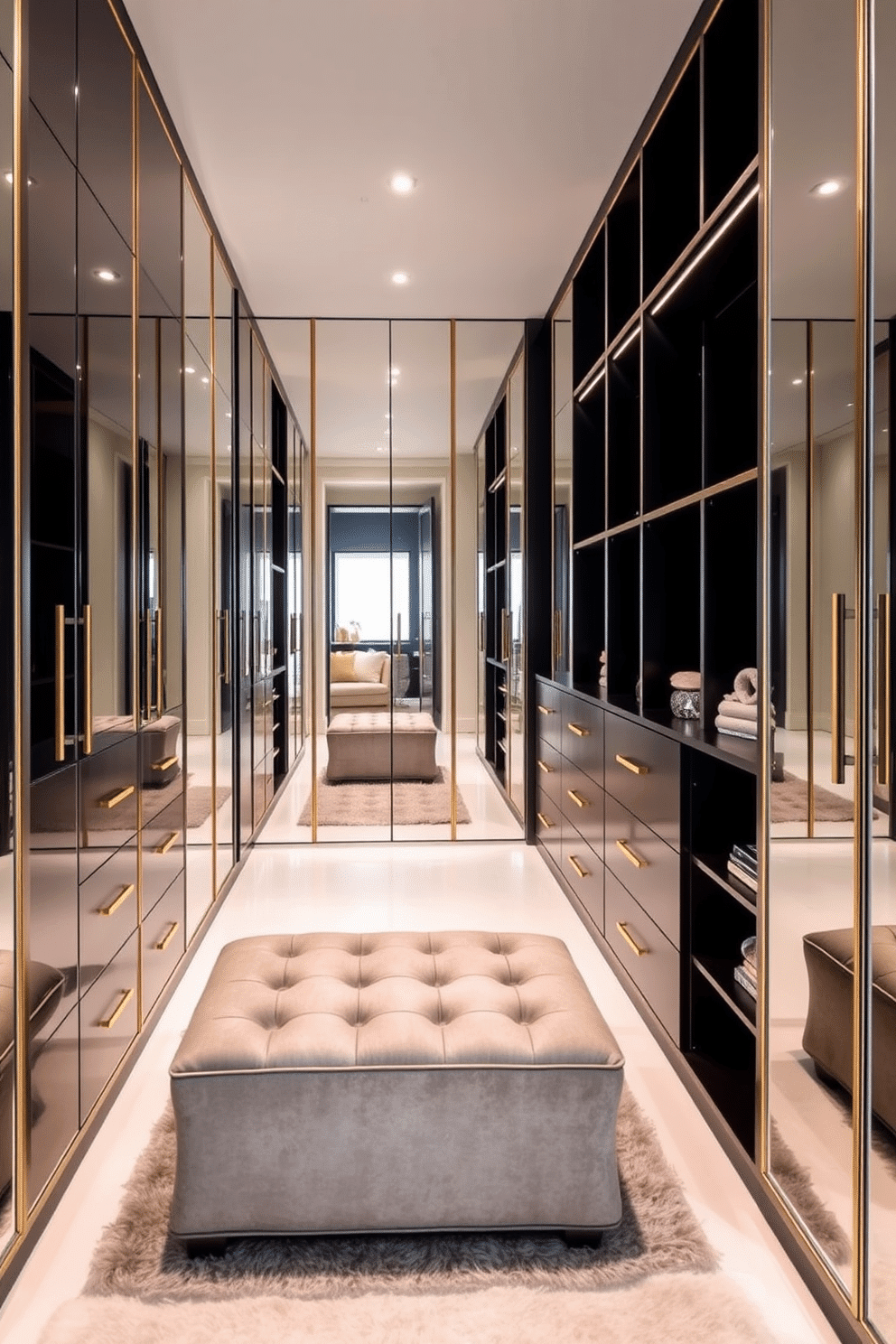 A stylish walk-in closet featuring wall-mounted mirrors that create a spacious illusion. The design incorporates sleek black cabinetry with gold accents, providing a modern and luxurious feel. The closet is well-lit with recessed lighting, highlighting the polished surfaces and organized shelving. A plush area rug adds warmth, while a stylish ottoman offers a convenient seating option.