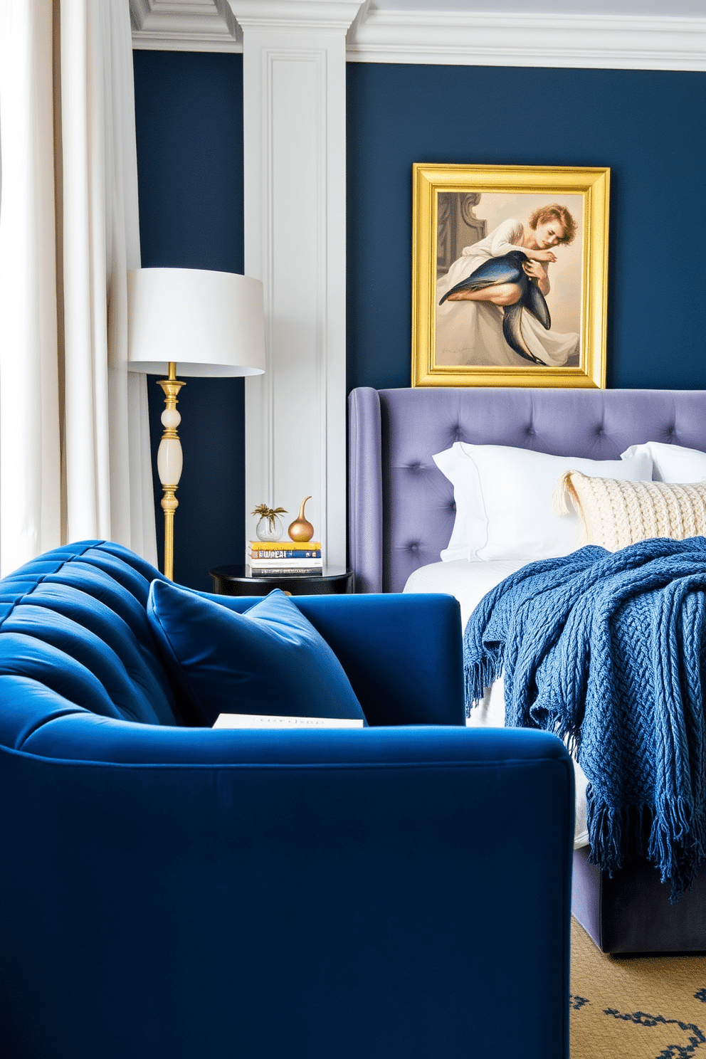 A cozy reading nook adorned with a deep blue velvet sofa, its plush texture inviting relaxation. Accented by a floor lamp with a brass finish and a small side table holding a stack of books, the space is perfect for unwinding. A serene blue bedroom where a soft navy wall meets crisp white linens on a luxurious upholstered bed. Brass-framed artwork adds warmth, while layered textures in velvet throw pillows and a chunky knit throw create a tranquil retreat.
