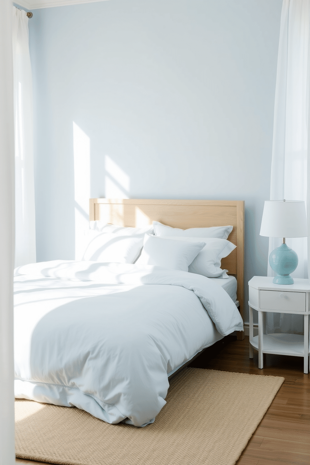 A serene bedroom enveloped in soft baby blue tones, creating a calm and inviting ambiance. The walls are painted a delicate pastel blue, complemented by sheer white curtains that allow natural light to filter through gently. The bed, dressed in plush baby blue linens with white accent pillows, is framed by a light wooden headboard. Beside the bed, a sleek white nightstand holds a ceramic table lamp with a matching blue base, and a cozy beige rug anchors the space beneath.