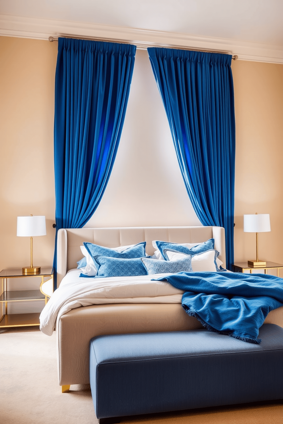 A serene bedroom with cerulean blue velvet drapes cascading elegantly against warm cream walls, allowing soft natural light to diffuse into the space. The centerpiece is a plush upholstered bed in light beige, adorned with layers of textured blue and white linens. Golden accents add a touch of luxury, with a pair of brass table lamps flanking the bed on sleek, minimal nightstands. The floor is covered in a soft cream-hued rug, completing the tranquil and inviting aesthetic.