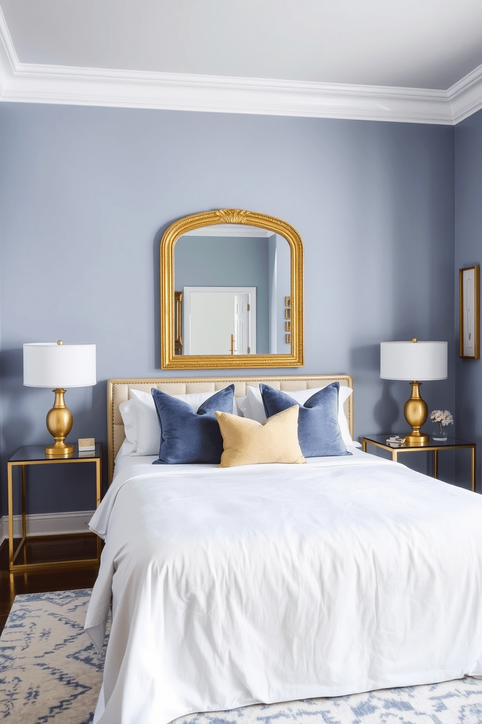 A serene bedroom with walls painted in soft periwinkle tones, creating a calming and sophisticated atmosphere. Golden accents shine through in the details, such as the frame of a luxurious full-length mirror and sleek brass table lamps placed on bedside tables. The bed is dressed in crisp white linens with periwinkle and gold throw pillows, adding a touch of elegance and comfort. A plush area rug with subtle hints of blue anchors the space, while framed artwork in golden frames ties the design together perfectly.