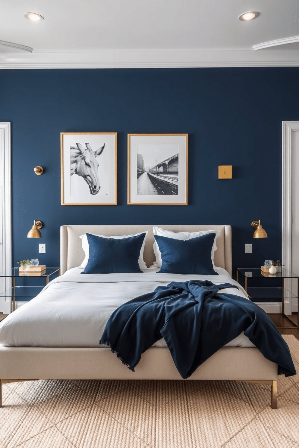 A serene navy-blue bedroom with a bold feature wall as the focal point, complemented by sleek metallic picture frames displaying abstract art. A plush upholstered bed with crisp white linens stands against the wall, flanked by two modern glass and metal nightstands. Soft ambient lighting is provided by brass sconces mounted on the feature wall, adding a warm glow that contrasts beautifully with the deep blue hue. A textured cream area rug anchors the room, while a cozy throw blanket in a matching navy shade is draped elegantly over the bed.