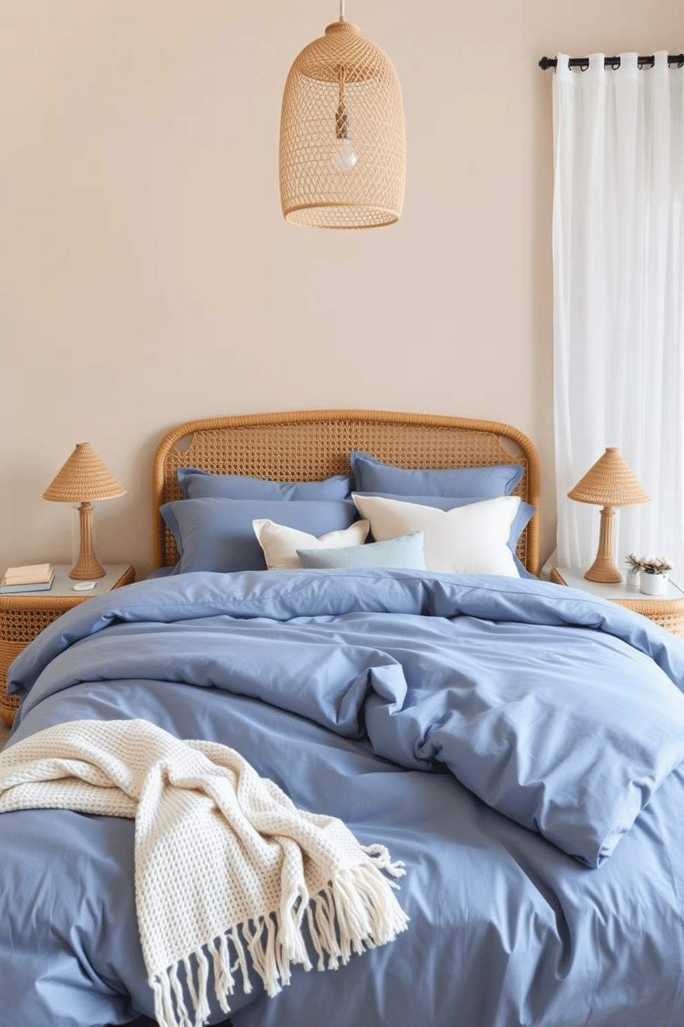 A serene bedroom with muted blue bedding that exudes tranquility and elegance. The bed is dressed with layered blue linens, complemented by soft cream pillows and a light knit throw casually draped at the foot. Accents of rattan bring warmth and texture to the space, showcased in the headboard, nightstands, and a woven pendant light overhead. The walls are painted in a soft, neutral beige, creating a calming backdrop, while natural light streams through sheer white curtains.