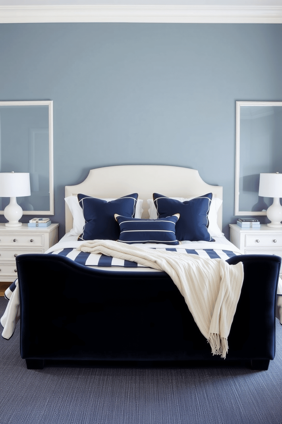 A serene bedroom with navy and white striped bedding as the centerpiece, complemented by plush navy throw pillows and a soft white duvet. The bed frame is upholstered in a deep navy velvet, adding texture and elegance to the space. Walls are painted in a muted blue tone, with crisp white trim to enhance the coastal-inspired vibe. On either side of the bed, white bedside tables sit beneath sleek navy table lamps, while a navy area rug with subtle white accents anchors the room.
