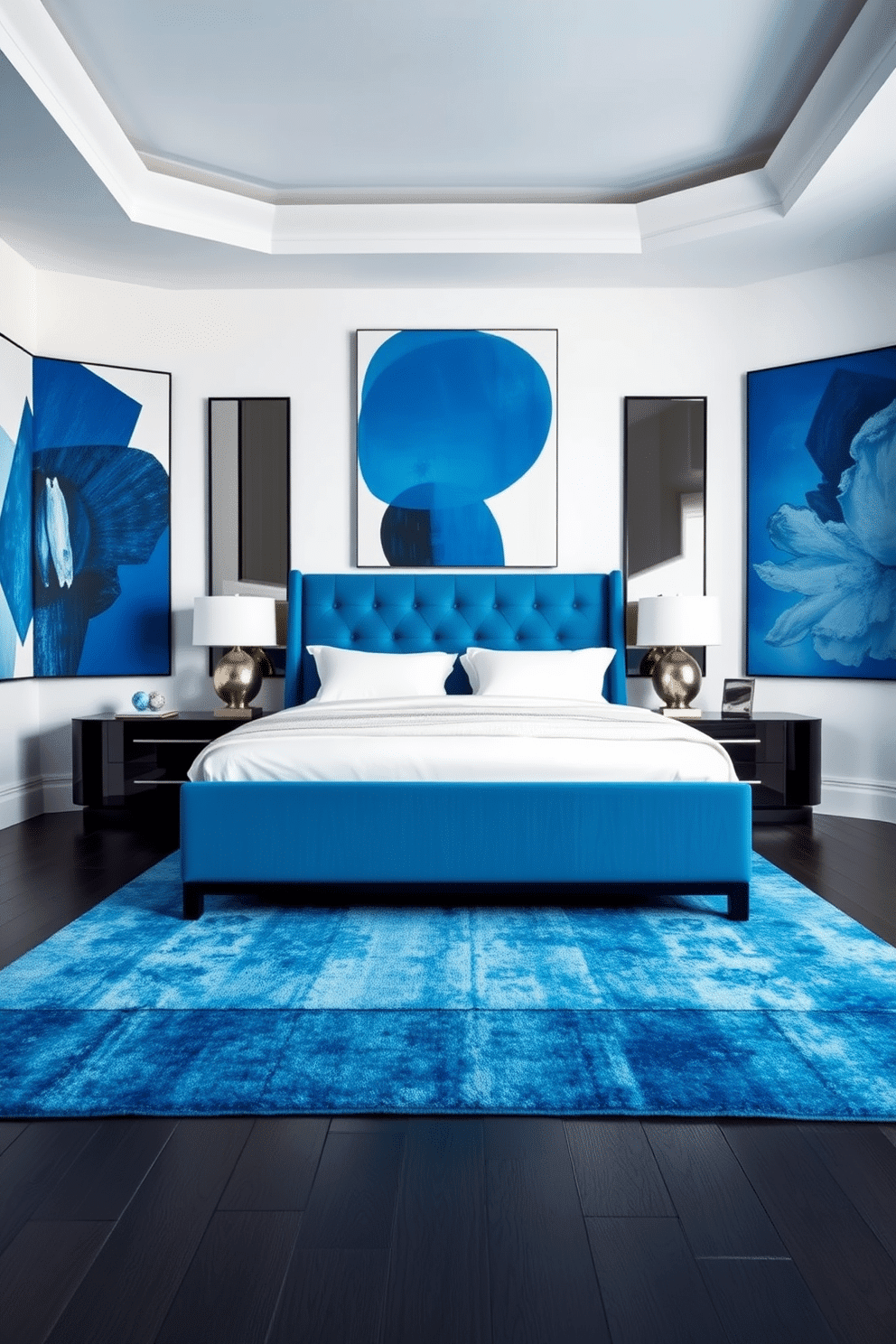 A sleek and captivating bedroom drenched in bold electric blue tones. The walls feature oversized modern art pieces in electric blue, paired with minimalist white and gray furnishings to create a striking contrast. A luxurious upholstered bed with a tufted electric blue headboard sits centered, accented by crisp white linens. Beside the bed, a pair of streamlined black nightstands hosts sculptural metallic lamps, while a plush area rug in shades of blue and gray softens the dark wooden floor.