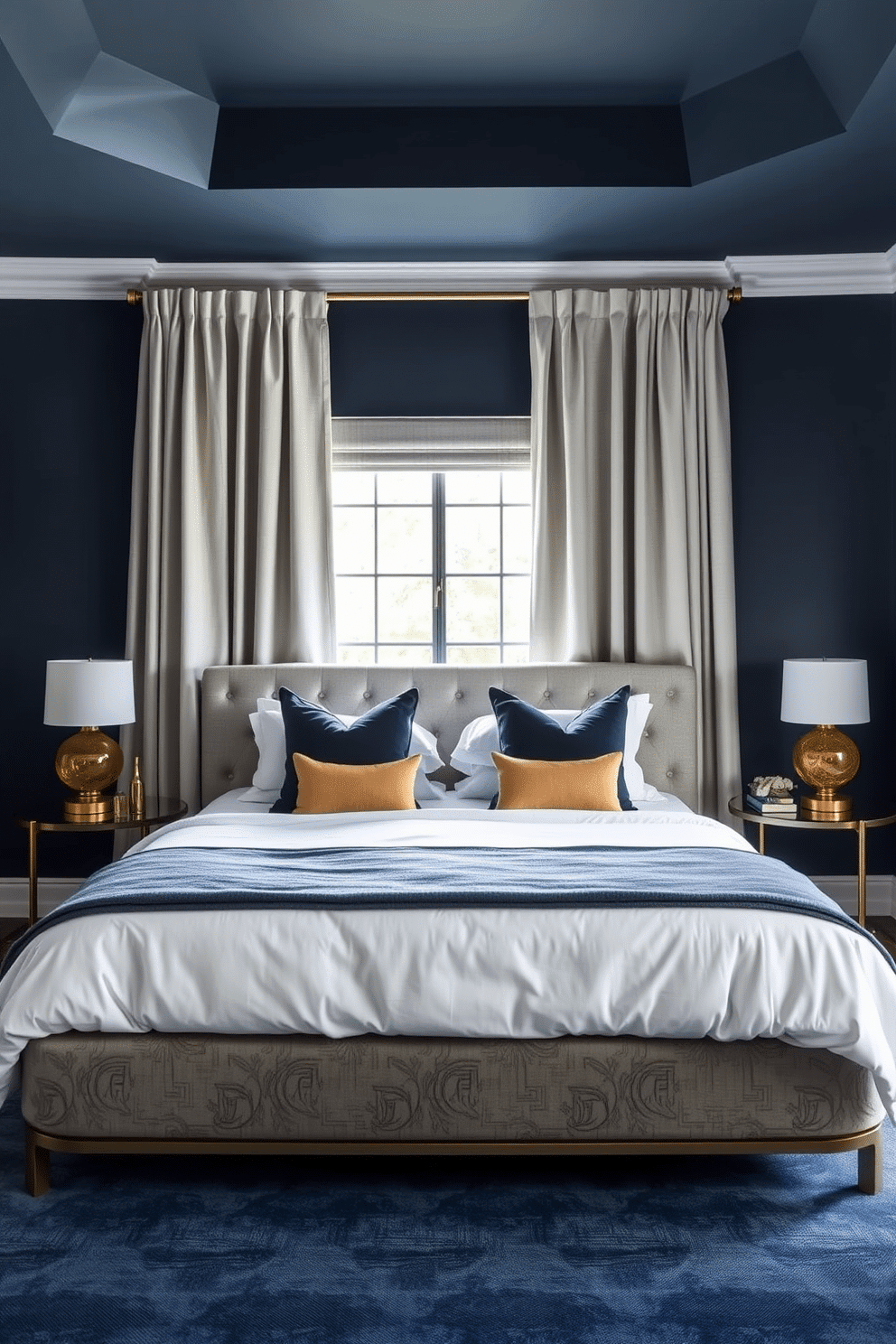 A calming twilight blue bedroom envelops the space in serenity. The walls are painted in a rich, moody blue tone, complemented by soft linen curtains in a lighter shade of blue that frame a large window. A low-profile bed with an upholstered gray headboard is dressed in crisp white linens, accented by deep blue and muted gold throw pillows. On either side of the bed, sleek gold bedside tables hold matching amber glass lamps, casting a warm, inviting glow.