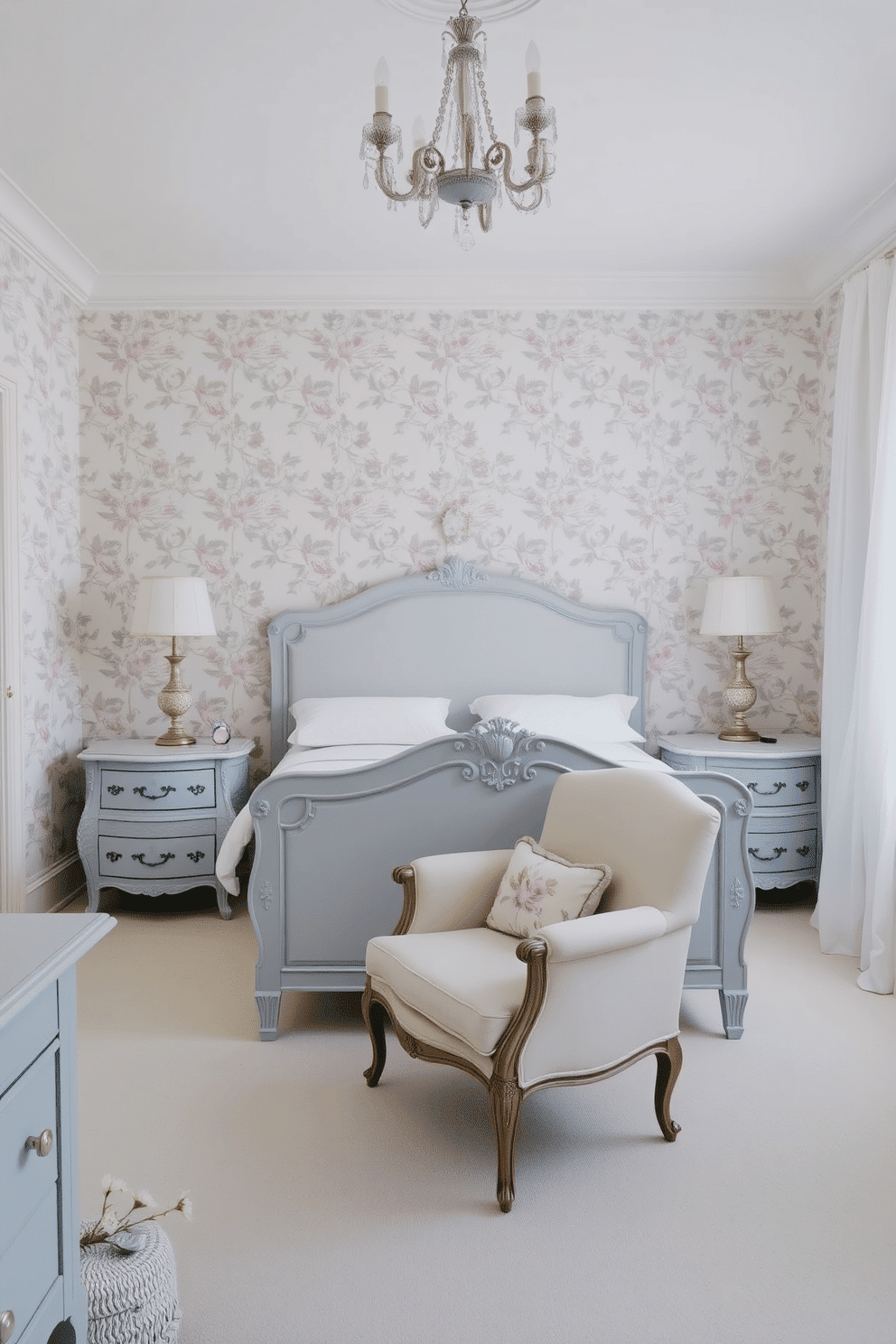 A serene bedroom featuring pale blue vintage furniture with intricate carved details. The centerpiece is a classic upholstered bed flanked by two antique bedside tables, each adorned with delicate floral-patterned lampshades. Muted floral wallpaper in soft pastel tones covers the walls, creating an elegant and romantic atmosphere. A vintage armchair with a floral cushion sits in the corner near the window, complemented by flowing white curtains that let in natural light.