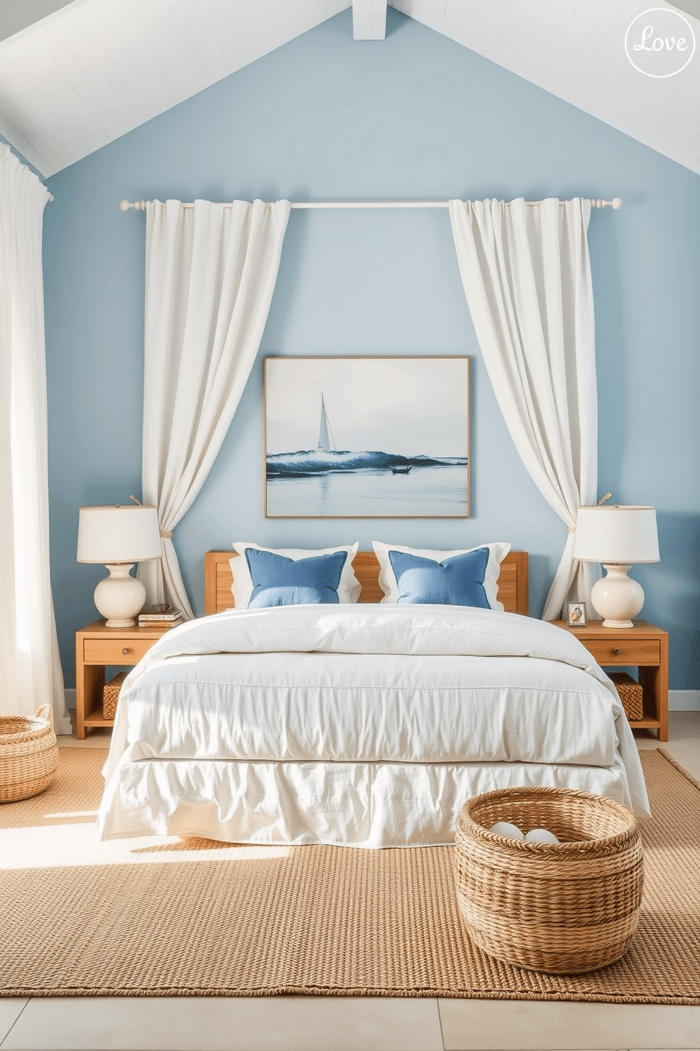 A serene bedroom inspired by the Mediterranean coast, featuring walls painted in a soft, powdery blue that evokes the tranquility of sea and sky. Crisp white linen curtains flow gently from ceiling to floor, complementing a low-profile bed adorned with plush white bedding and blue accent pillows. Natural wood nightstands flank the bed, each topped with a ceramic lamp in soft ivory tones. The room is accessorized with textured rugs, woven baskets, and a large piece of coastal-inspired artwork, creating a harmonious balance of lightness and warmth.