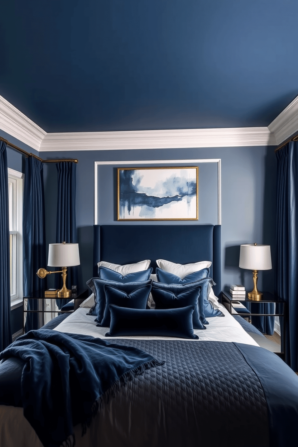 A tranquil bedroom enveloped in moody, stormy blue hues, with the ceiling painted in a deep, dramatic tone to create an intimate and sophisticated atmosphere. The walls are a softer shade of blue, accented by white crown molding, while the bed is dressed in layered linens of varying blue tones and cozy textures. A sleek navy upholstered headboard anchors the room, surrounded by matching velvet curtains that frame large windows for natural light. Contrasting brass lamps on mirrored bedside tables add a touch of elegance, while abstract artwork in subtle blues and grays hangs above the bed for a cohesive yet dynamic design.