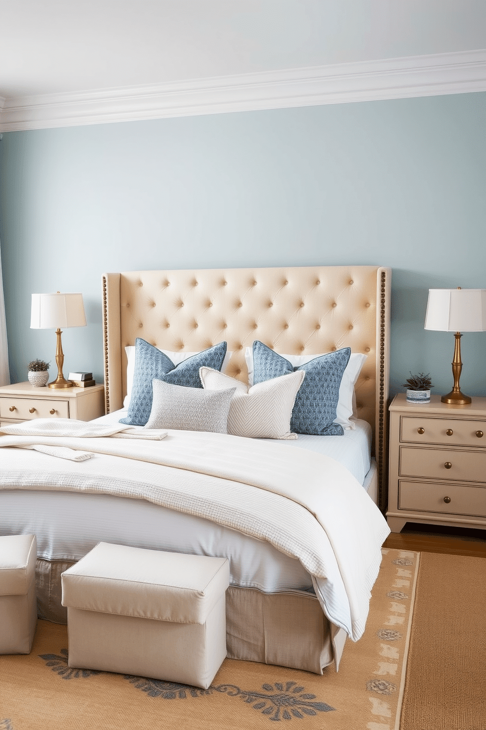 A serene bedroom with soft powder blue walls that create a calming atmosphere. A plush beige upholstered headboard takes center stage, flanked by matching beige nightstands with antique brass accents. The bed is adorned with cream and blue bedding, layered with textured throws and accent pillows. A beige area rug with subtle patterns anchors the space, while sheer white curtains let in gentle natural light.