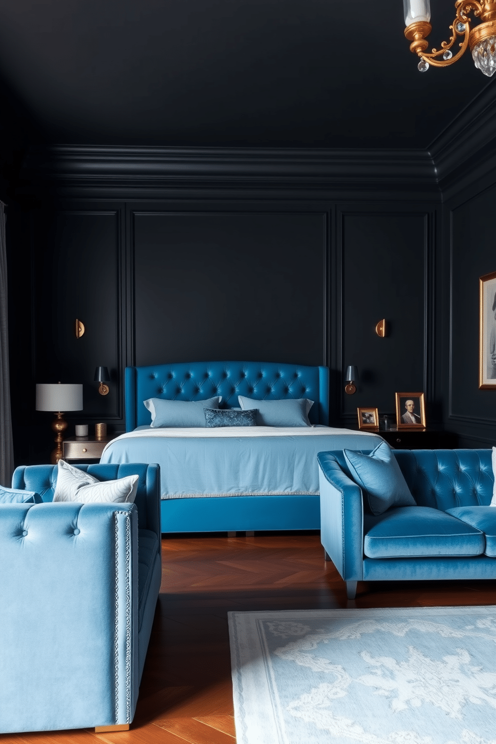 A luxurious bedroom with a moody, dramatic vibe created by deep charcoal grey walls. Sky blue upholstered furniture, including a plush bed with a tufted headboard and a cozy loveseat, adds a vibrant contrast and softness to the space. Delicate gold accents, such as sleek bedside lamps and picture frames, bring in an element of sophistication. The floors are warm, dark wood, and a soft, pale blue rug under the bed ties the color palette together seamlessly.