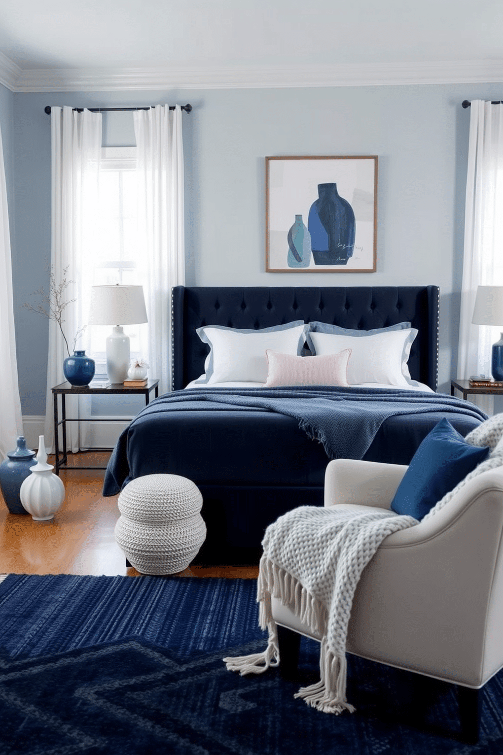 A serene bedroom layered in monochrome blue tones. The walls are painted in a soft powder blue, complemented by a darker navy blue upholstered bed with plush bedding and matching throw pillows. A textured navy area rug anchors the space, while varying shades of blue are introduced through ceramic vases, abstract artwork, and a cozy knit blanket draped over an armchair. Delicate white accents, including a bedside lamp and sheer curtains, create balance and elevate the tranquil atmosphere.