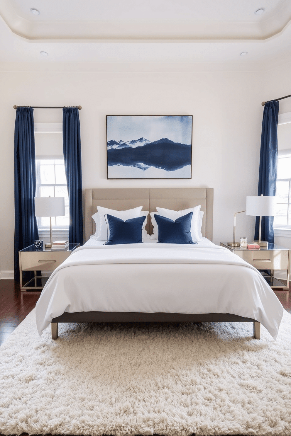 A serene bedroom with walls painted in a soft neutral tone, complemented by a large abstract navy wall art piece displayed above the headboard. The bed is dressed in crisp white linens with accent pillows in shades of blue, creating a calming and cohesive color palette. On the floor, a plush neutral-toned rug anchors the space, adding warmth and texture beneath sleek, minimalistic furniture. Two bedside tables with contemporary lamps complete the design, while navy curtains frame the windows and gently filter natural light.