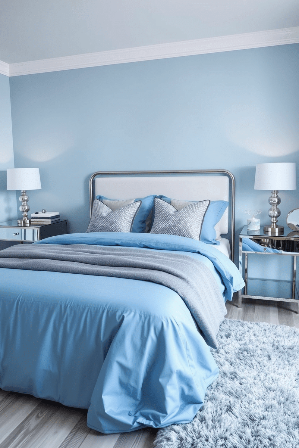 A tranquil bedroom retreat bathed in arctic blue hues, with the walls showcasing a soft icy blue tone that radiates calmness. The bed is dressed in matching blue linens, accented with silver-threaded pillows and a plush throw for a luxurious feel. A sleek silver-framed headboard is paired with metallic bedside tables, each topped with modern glass and chrome lamps. The floor features light gray hardwood, while a soft, silver-toned area rug anchors the space, completing the serene and stylish design.