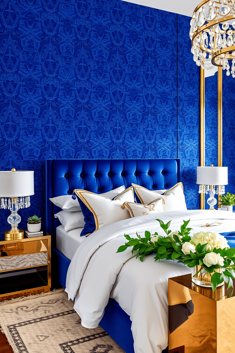 A glamorous bedroom design that showcases a vibrant sapphire accent wall, enlivened with an intricate geometric texture for added depth and character. The sapphire tones are complemented by a mix of bold gold and white decor elements, creating a chic and modern aesthetic. The bed features a plush velvet headboard in deep sapphire, paired with crisp white bedding adorned with gold accents. Warm wooden nightstands topped with crystal lamps and fresh greenery complete the luxurious yet inviting vibe of this space.