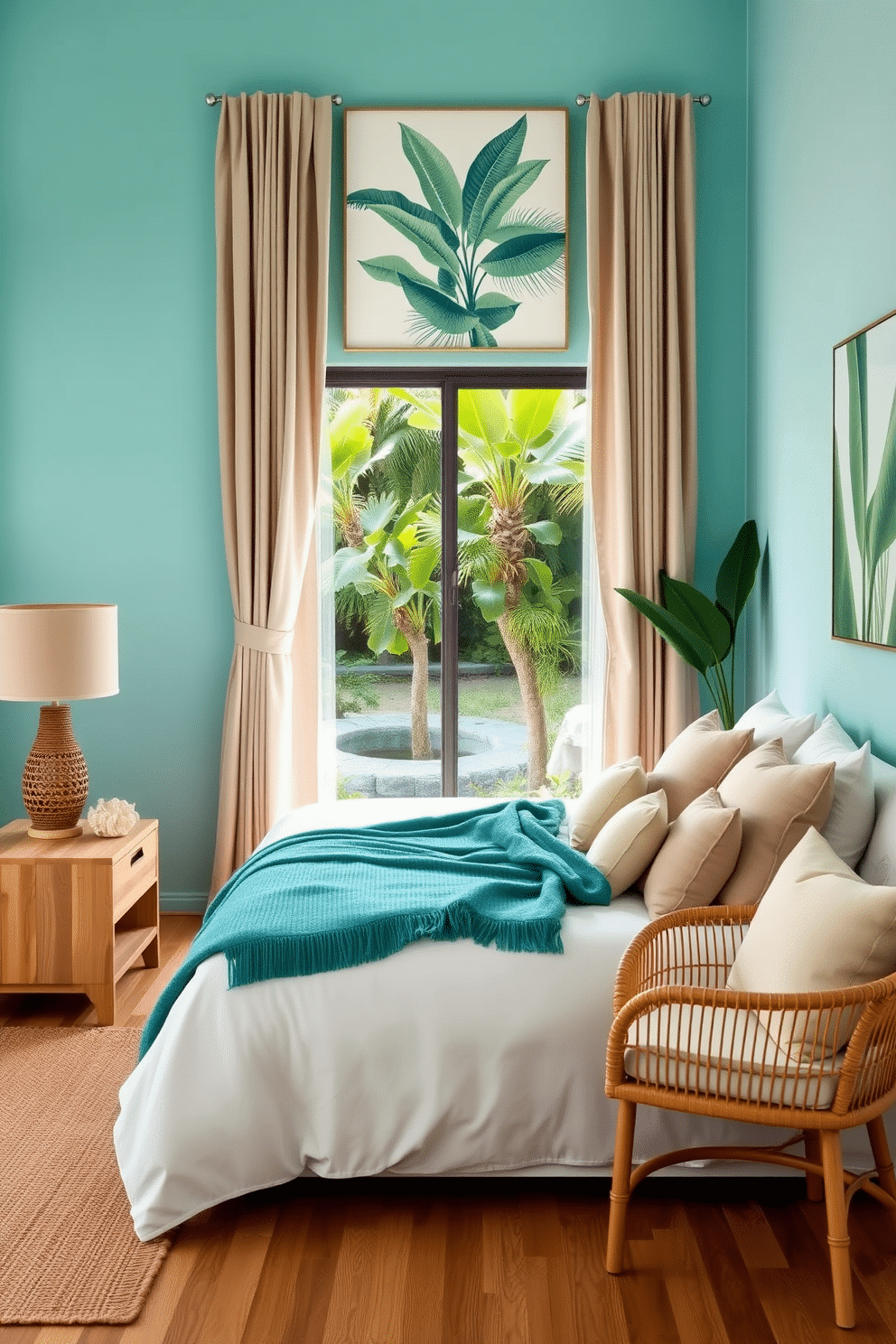 A serene tropical bedroom setting. The walls are painted in a calming turquoise shade, complemented by sandy beige curtains that frame a large window overlooking lush greenery. A low-profile bed with light wood accents is dressed in crisp white linens, layered with turquoise throws and sandy-toned cushions for a relaxed beach-inspired ambiance. To one side, a sleek wooden side table holds a woven lamp and a piece of coral decor, while a rattan armchair with a cream cushion rests near the corner. The floor is clad in light oak, adding warmth, and is partially covered by a jute rug, enhancing the natural, coastal vibe. Above the bed, a large botanical print in soft green and blue tones ties the tropical aesthetic together.