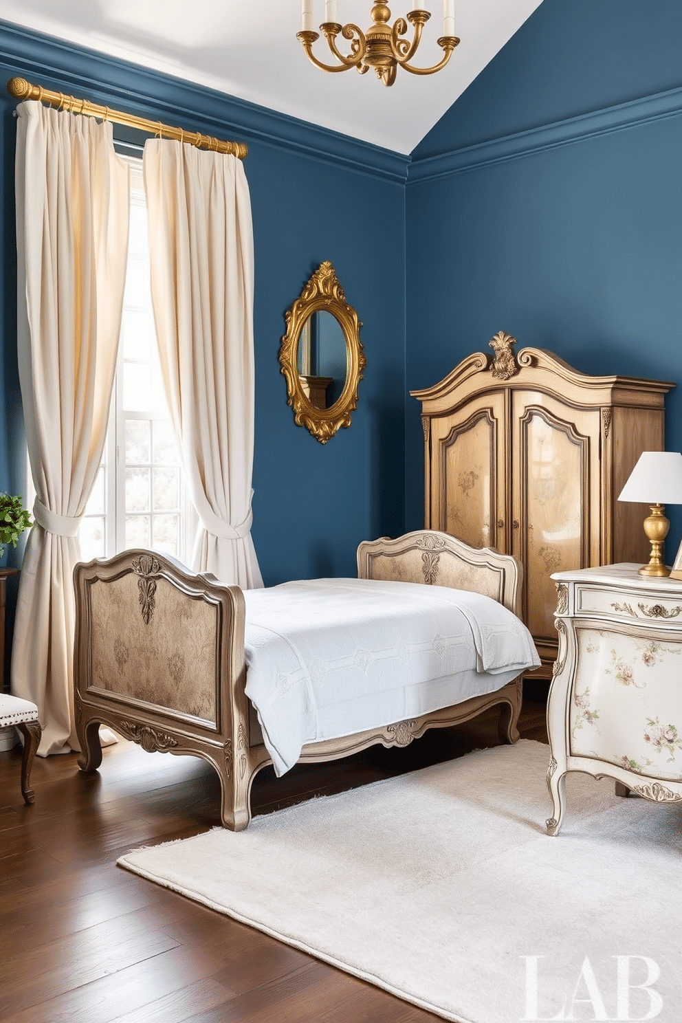 A serene bedroom adorned in Wedgewood blue paint creates a calming and elegant atmosphere. The walls are paired with delicate antique furnishings, including a carved wooden bedframe with intricate detailing and a vintage armoire with a distressed finish. Golden accents, such as a gilded mirror and brass bedside lamps, emphasize the old-world charm of the space. Soft, billowing linen curtains in ivory frame the windows, while a plush area rug in muted tones grounds the room in sophistication.