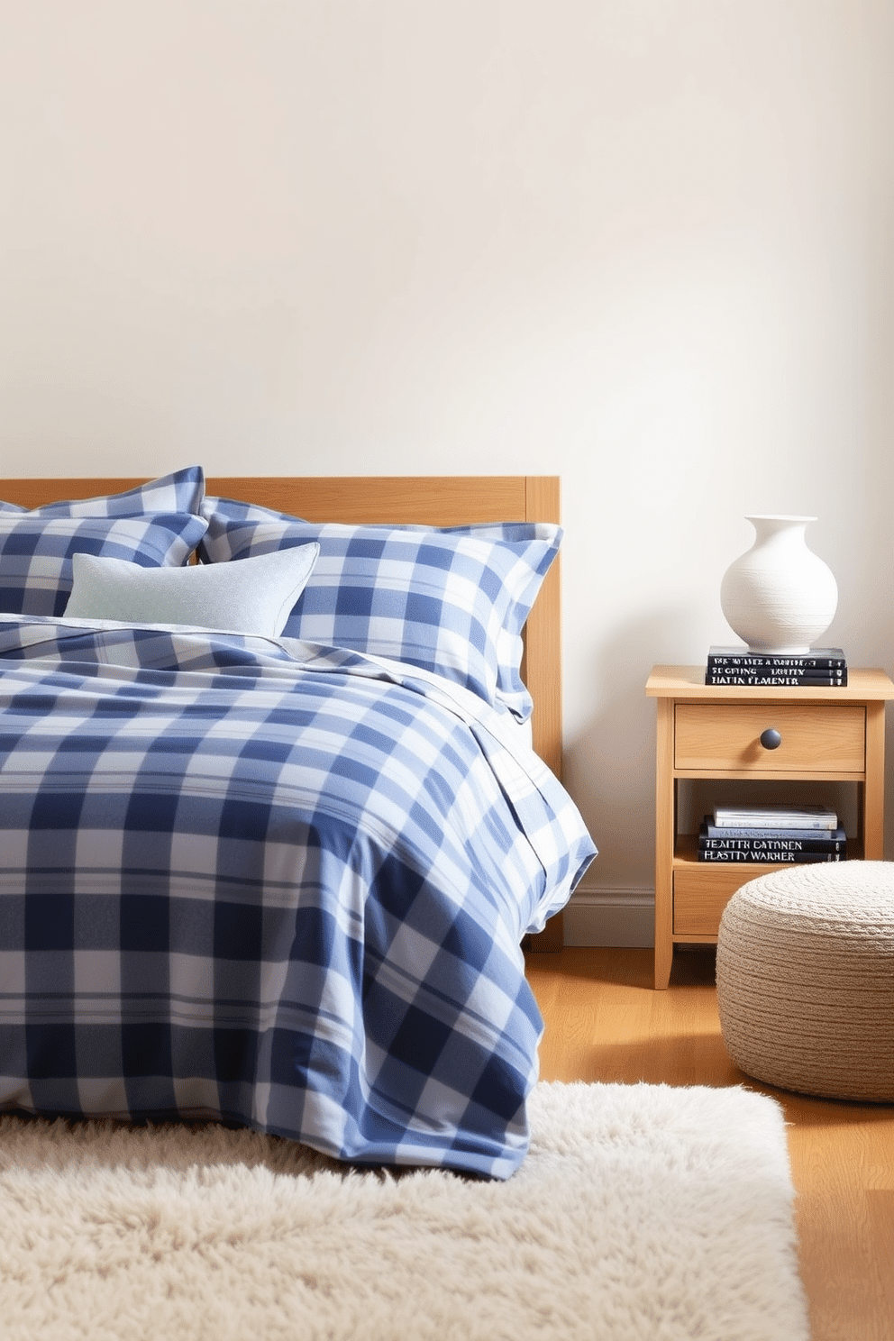 A serene bedroom space with soft blue plaid textiles as the focal point. The bed is dressed with a plaid comforter in gentle blue hues, complemented by matching throw pillows that add layers of texture and warmth. The room features light cream walls that contrast with the plaid patterns, enhancing the cozy aesthetic. A light oak nightstand beside the bed holds a ceramic table lamp and a stack of books, while a plush area rug in neutral tones further softens the space.